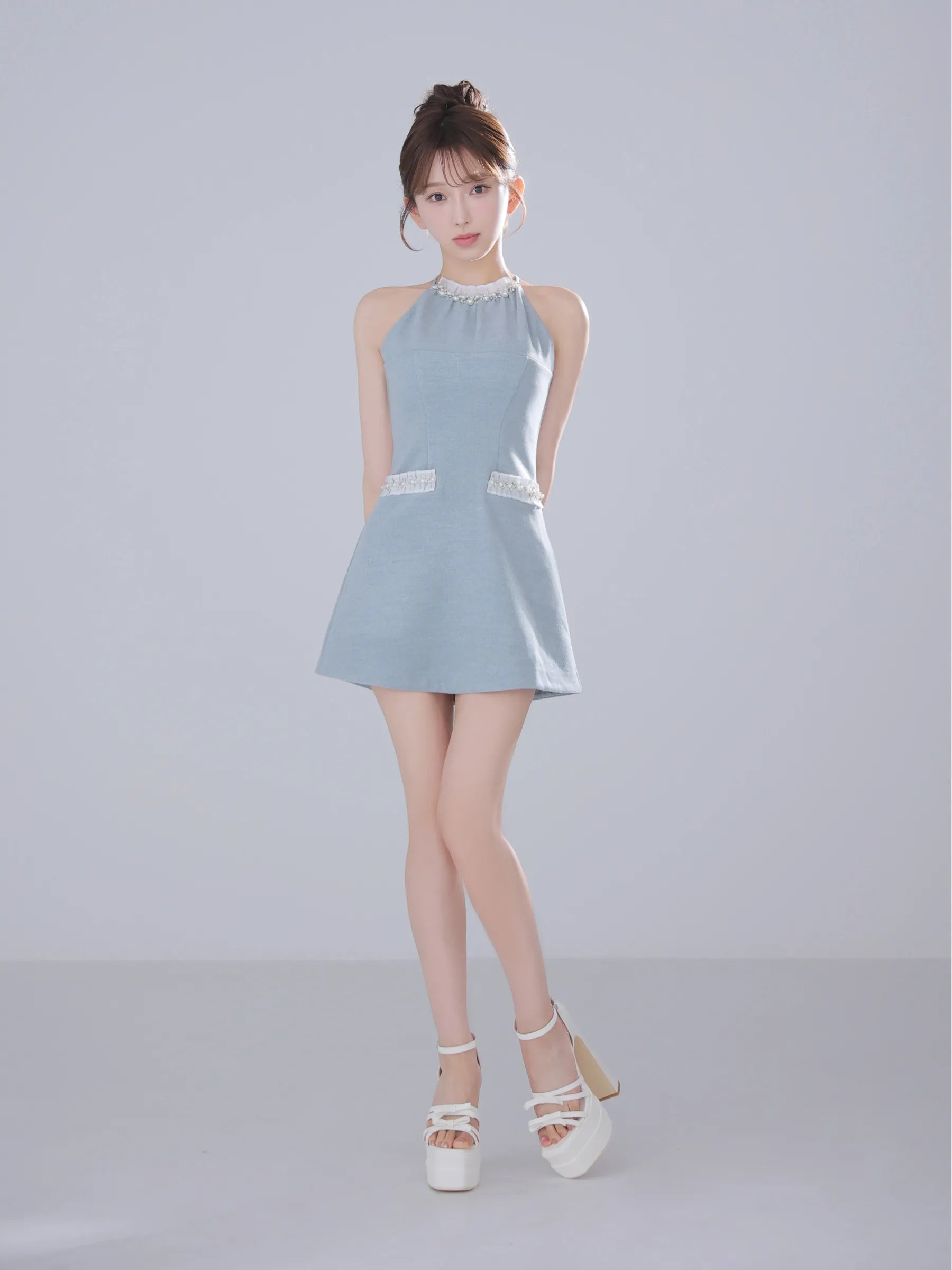 【予約】Glitter flannel halter pearl mini dress (anier4057)