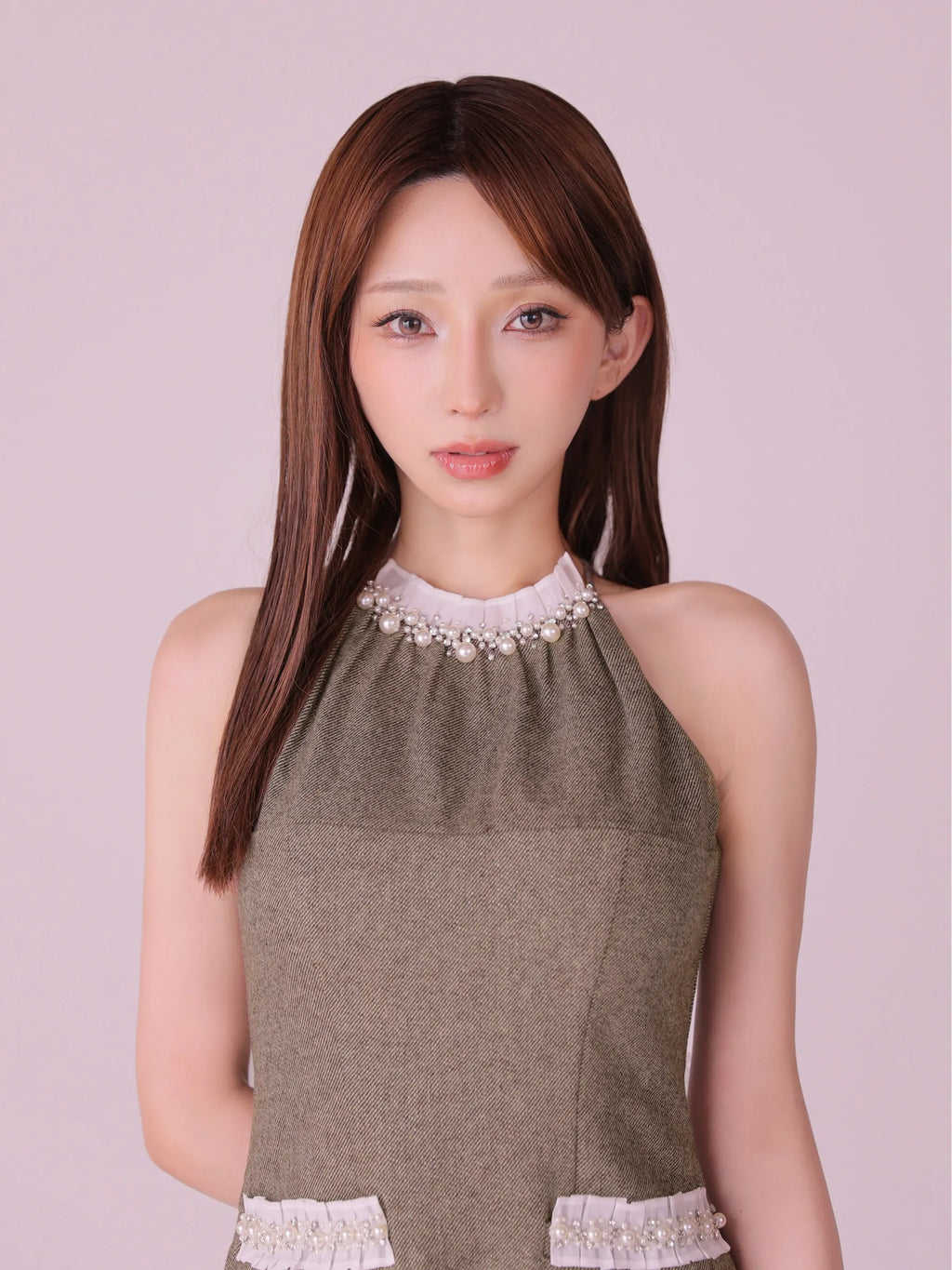 【予約】Glitter flannel halter pearl mini dress (anier4057)
