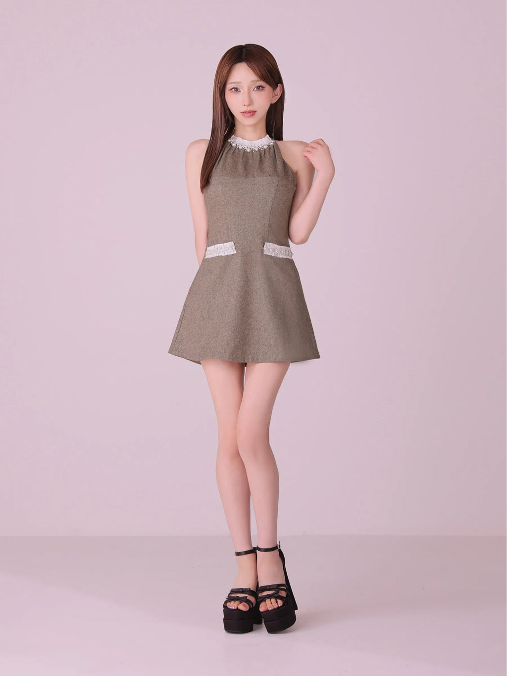 【予約】Glitter flannel halter pearl mini dress (anier4057)