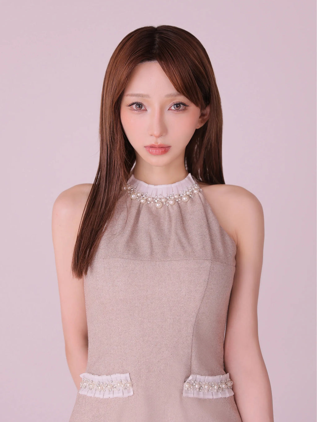 【予約】Glitter flannel halter pearl mini dress (anier4057)