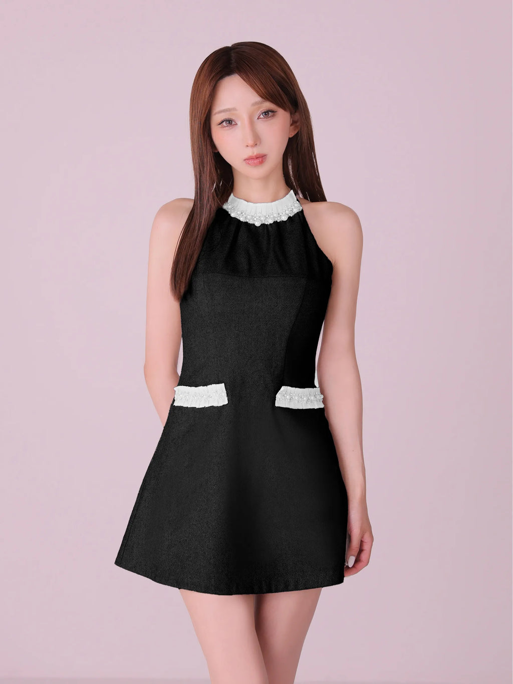 【予約】Glitter flannel halter pearl mini dress (anier4057)