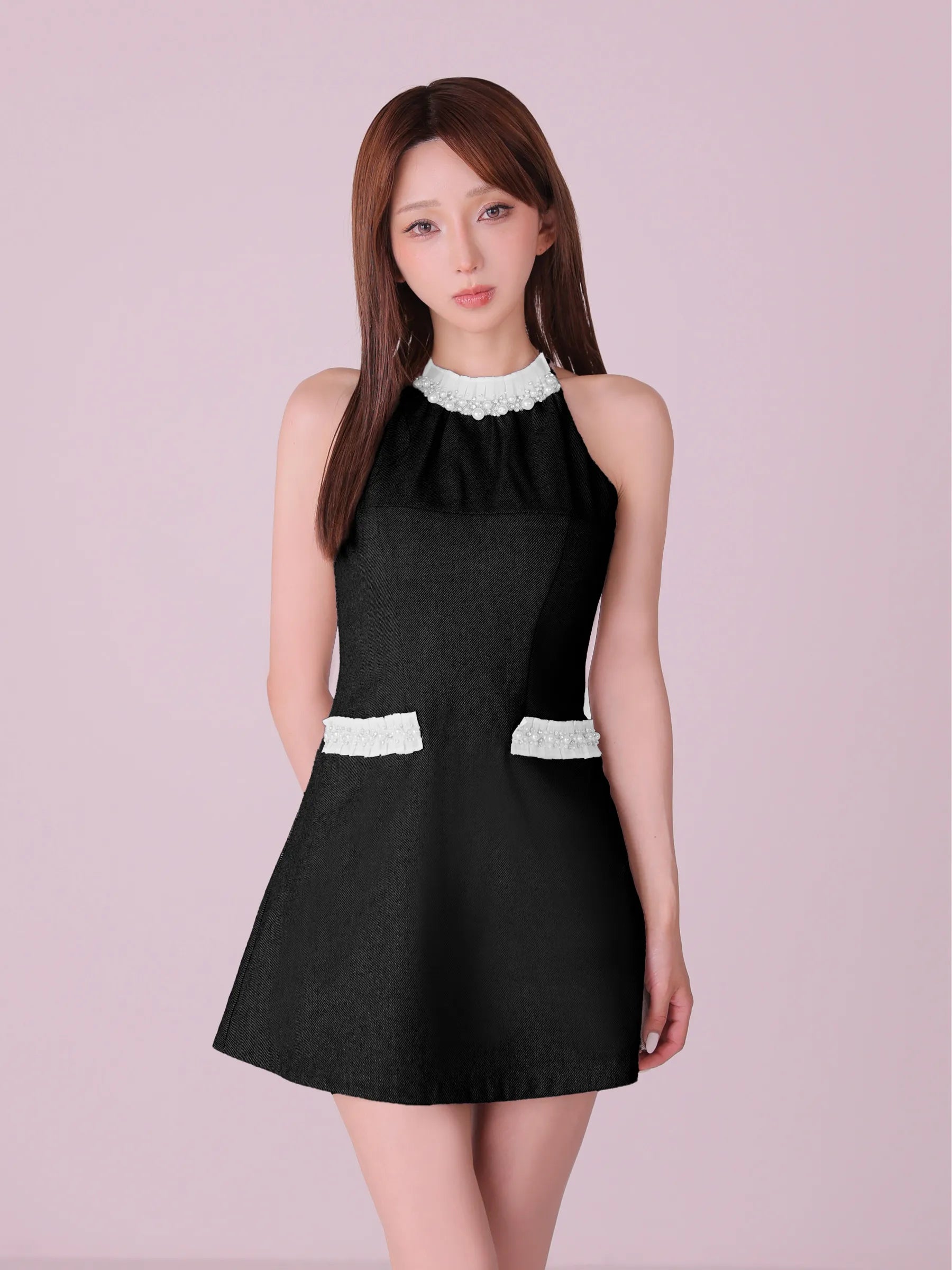 【予約】Glitter flannel halter pearl mini dress (anier4057)