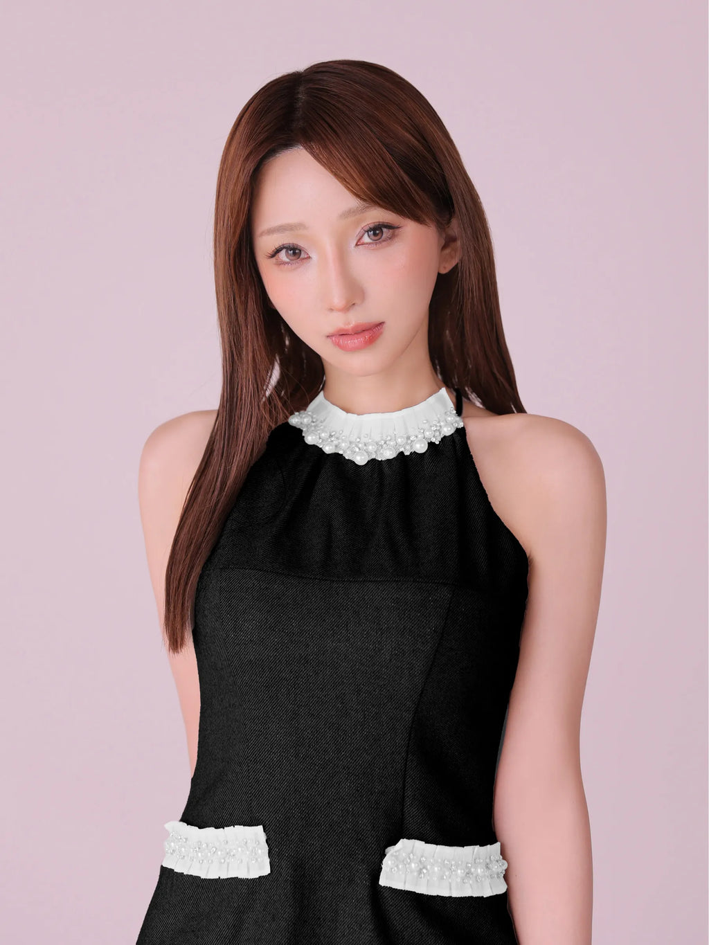 【予約】Glitter flannel halter pearl mini dress (anier4057)