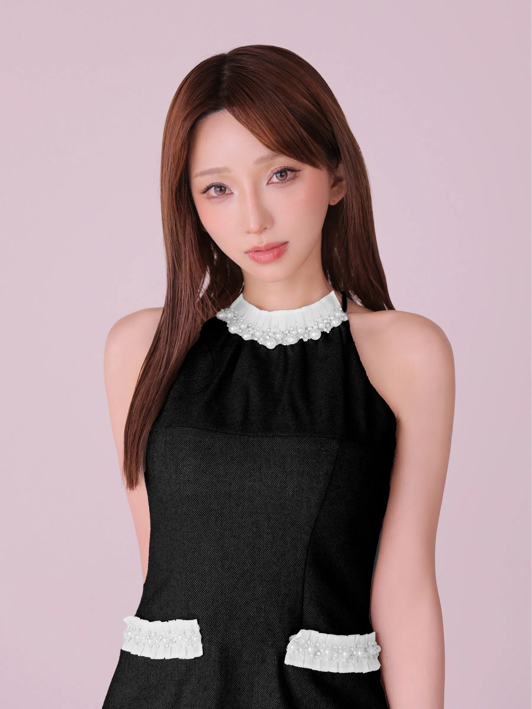 【予約】Glitter flannel halter pearl mini dress (anier4057)