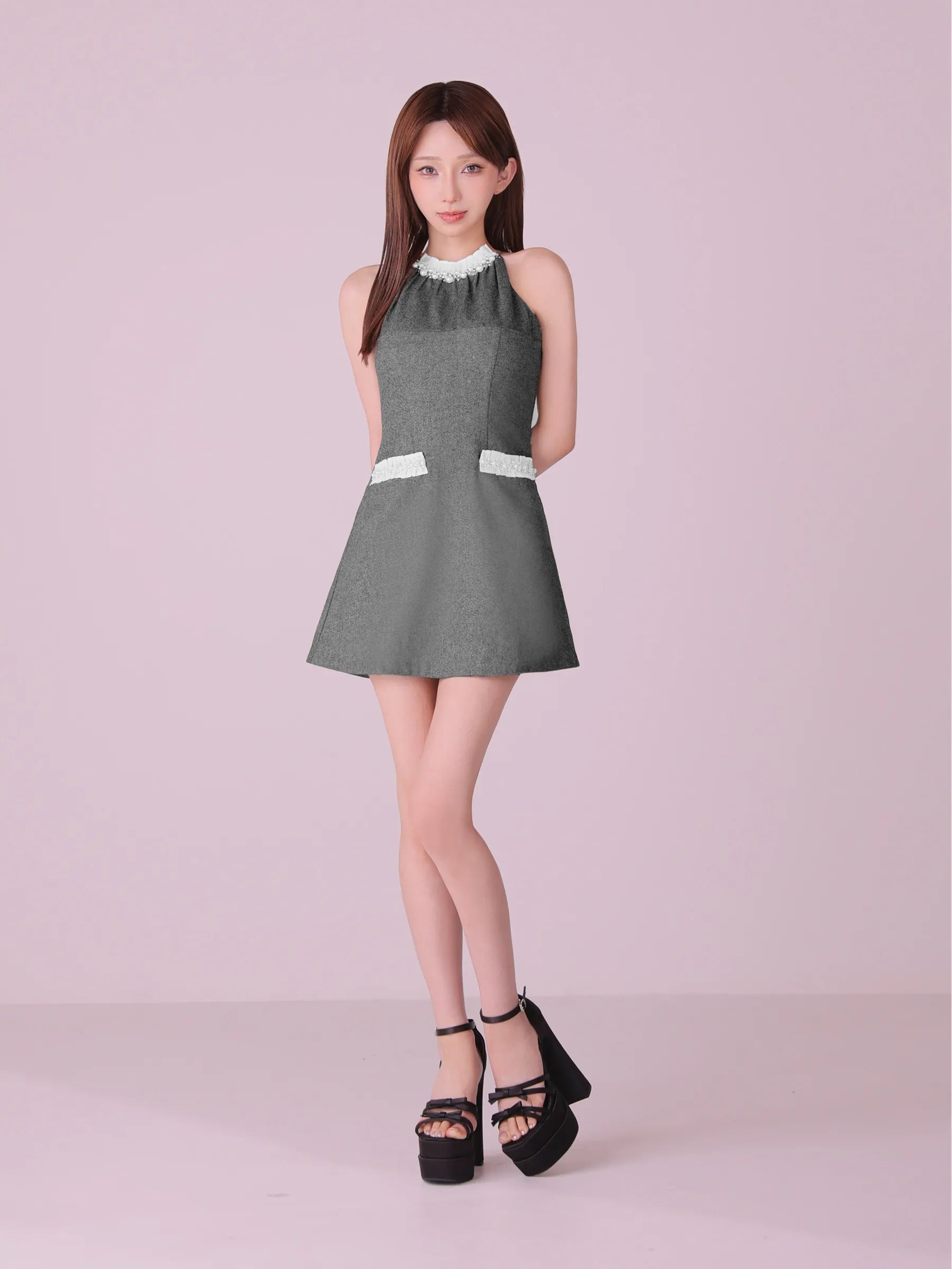 【予約】Glitter flannel halter pearl mini dress (anier4057)