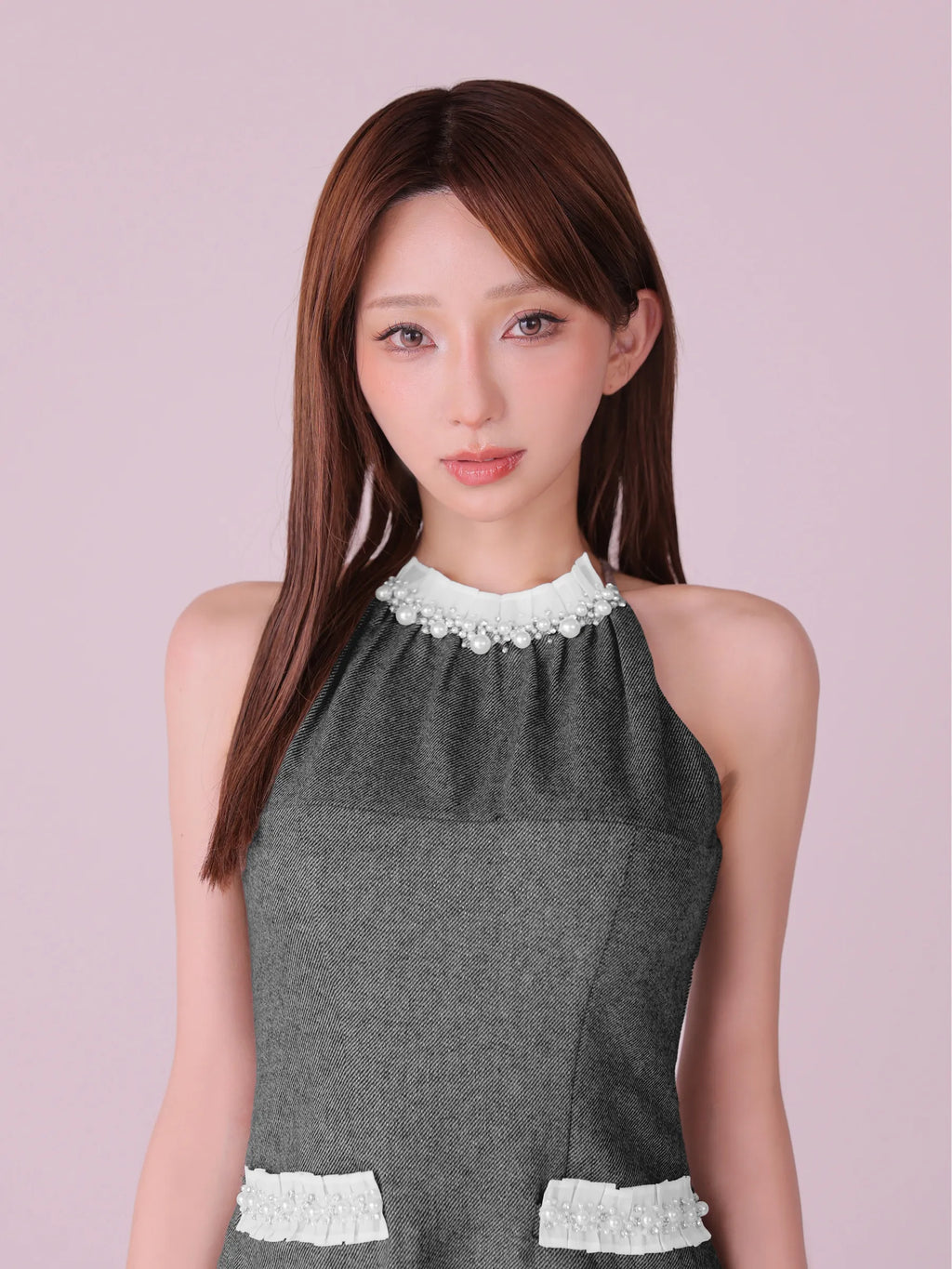 【予約】Glitter flannel halter pearl mini dress (anier4057)