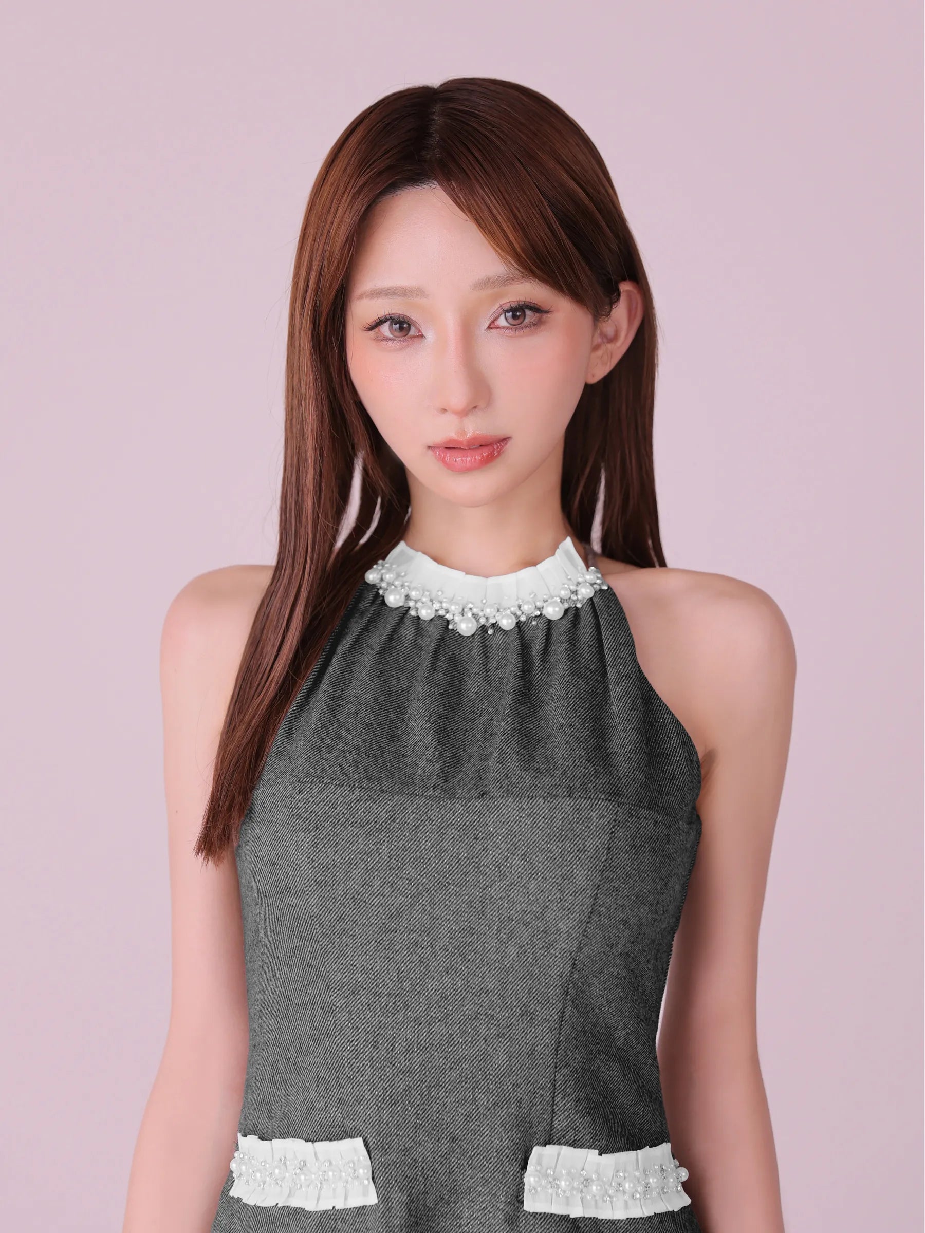 【予約】Glitter flannel halter pearl mini dress (anier4057)