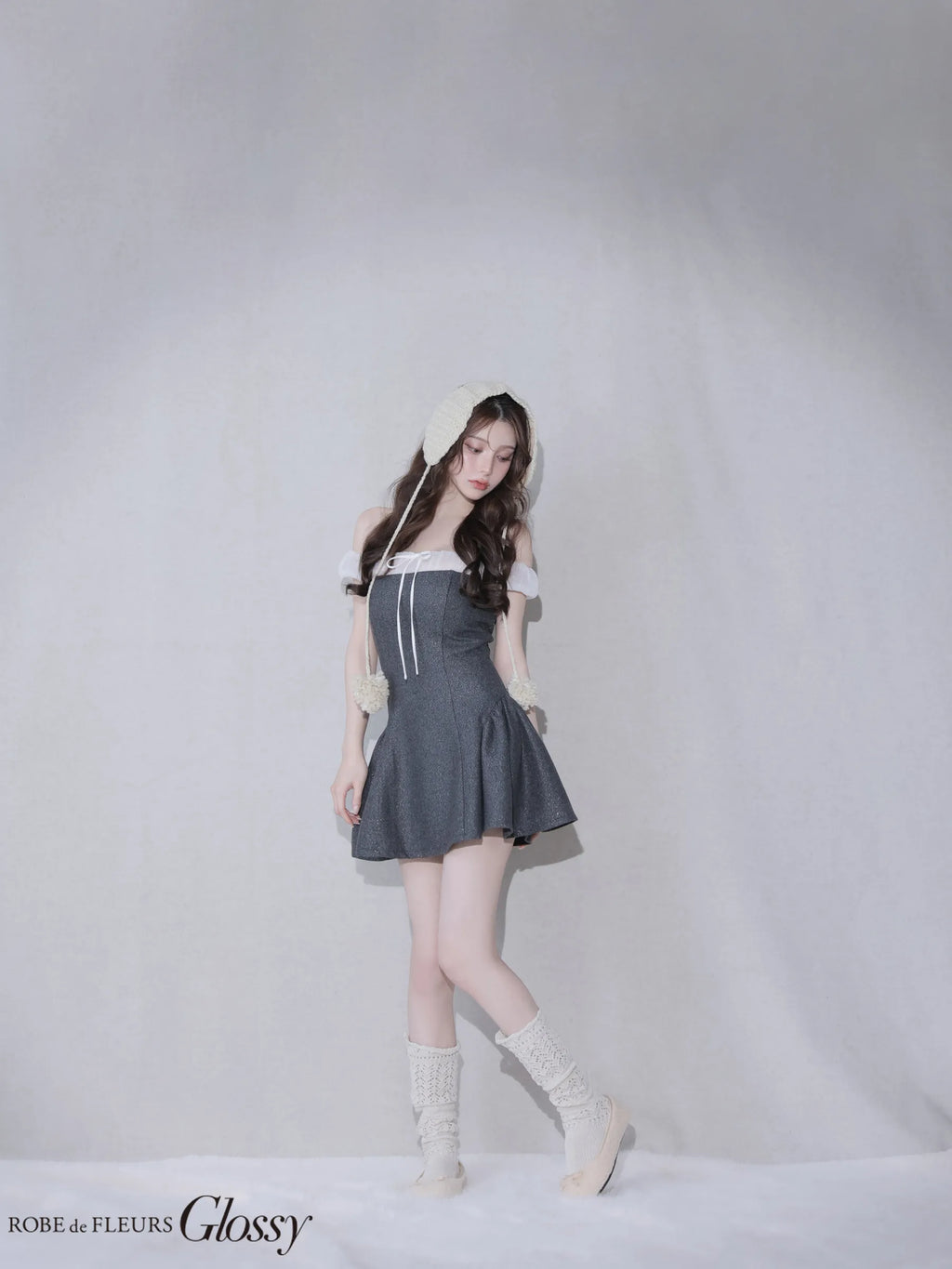Glitter flannel off-the-shoulder mini dress (anier4058)