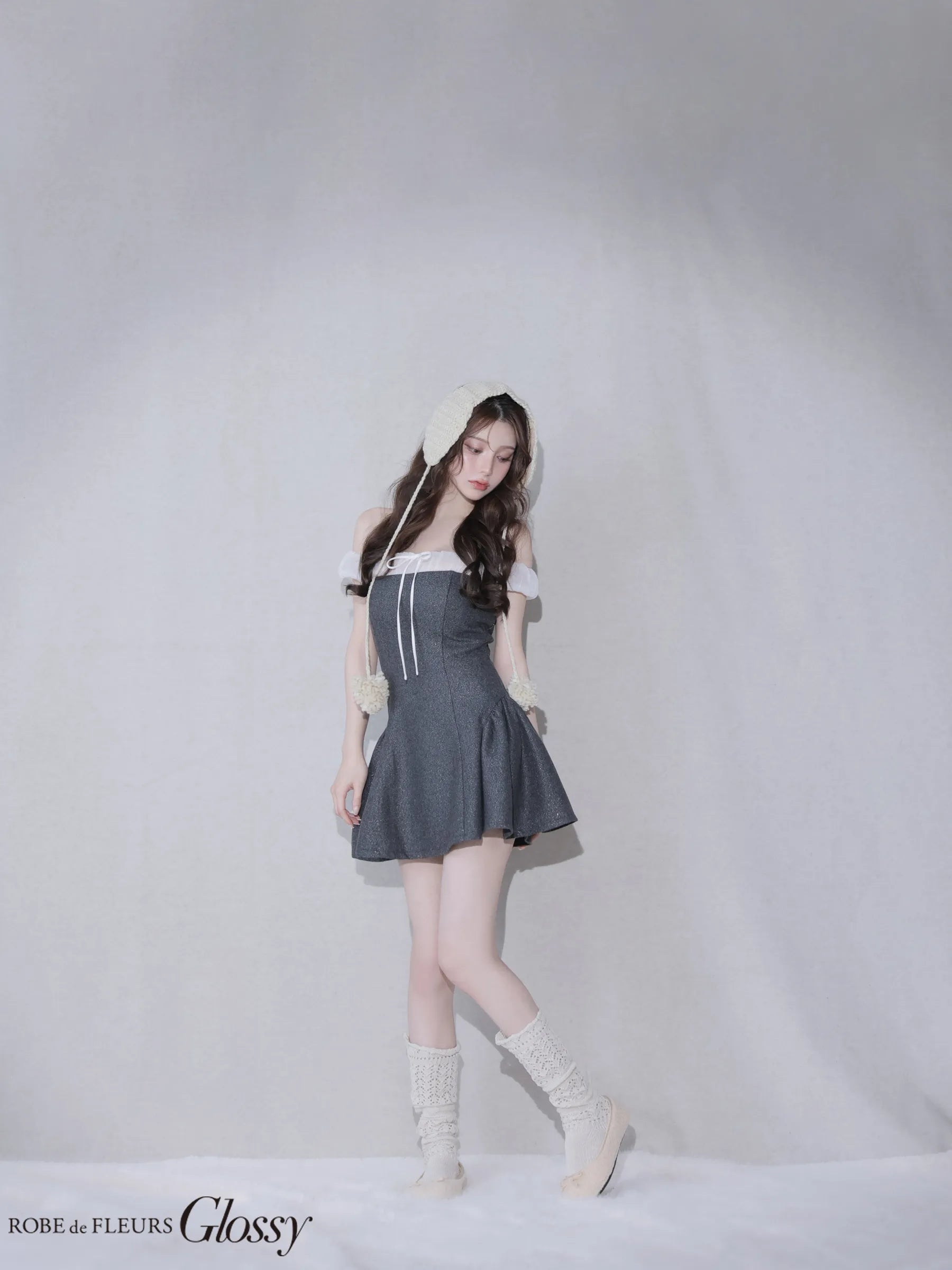 Glitter flannel off-the-shoulder mini dress (anier4058)
