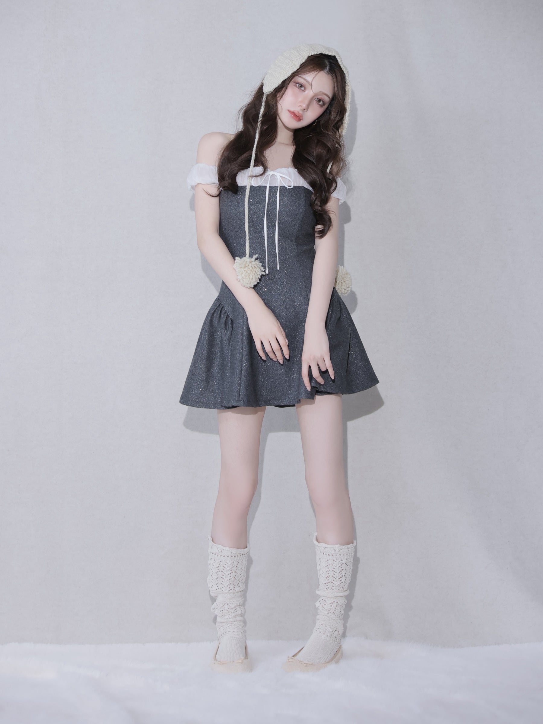 Glitter flannel off-the-shoulder mini dress (anier4058)