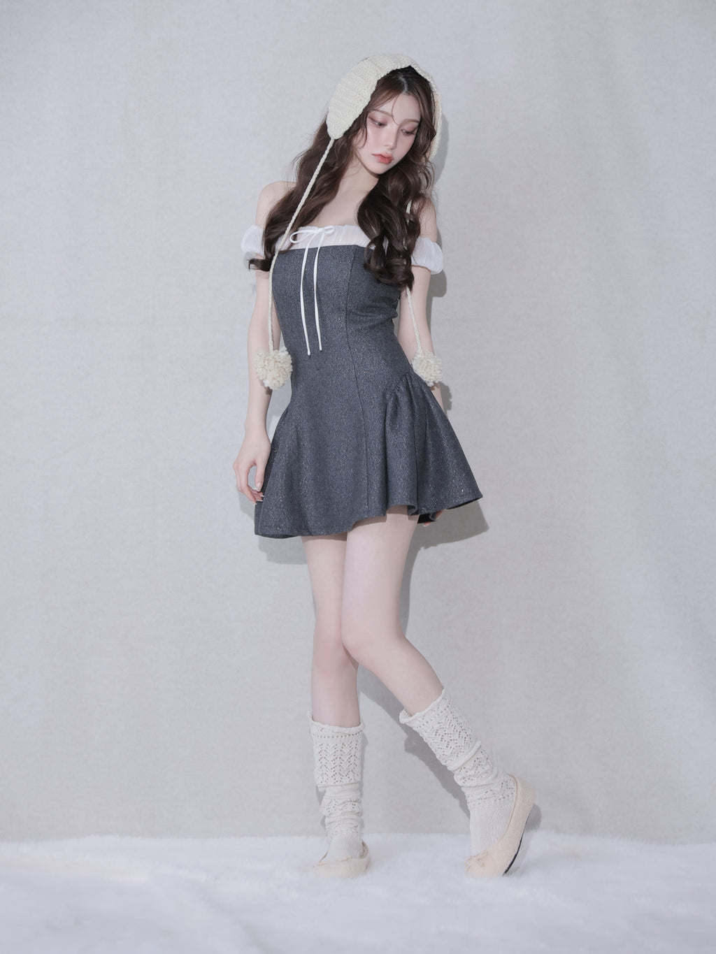 Glitter flannel off-the-shoulder mini dress (anier4058)