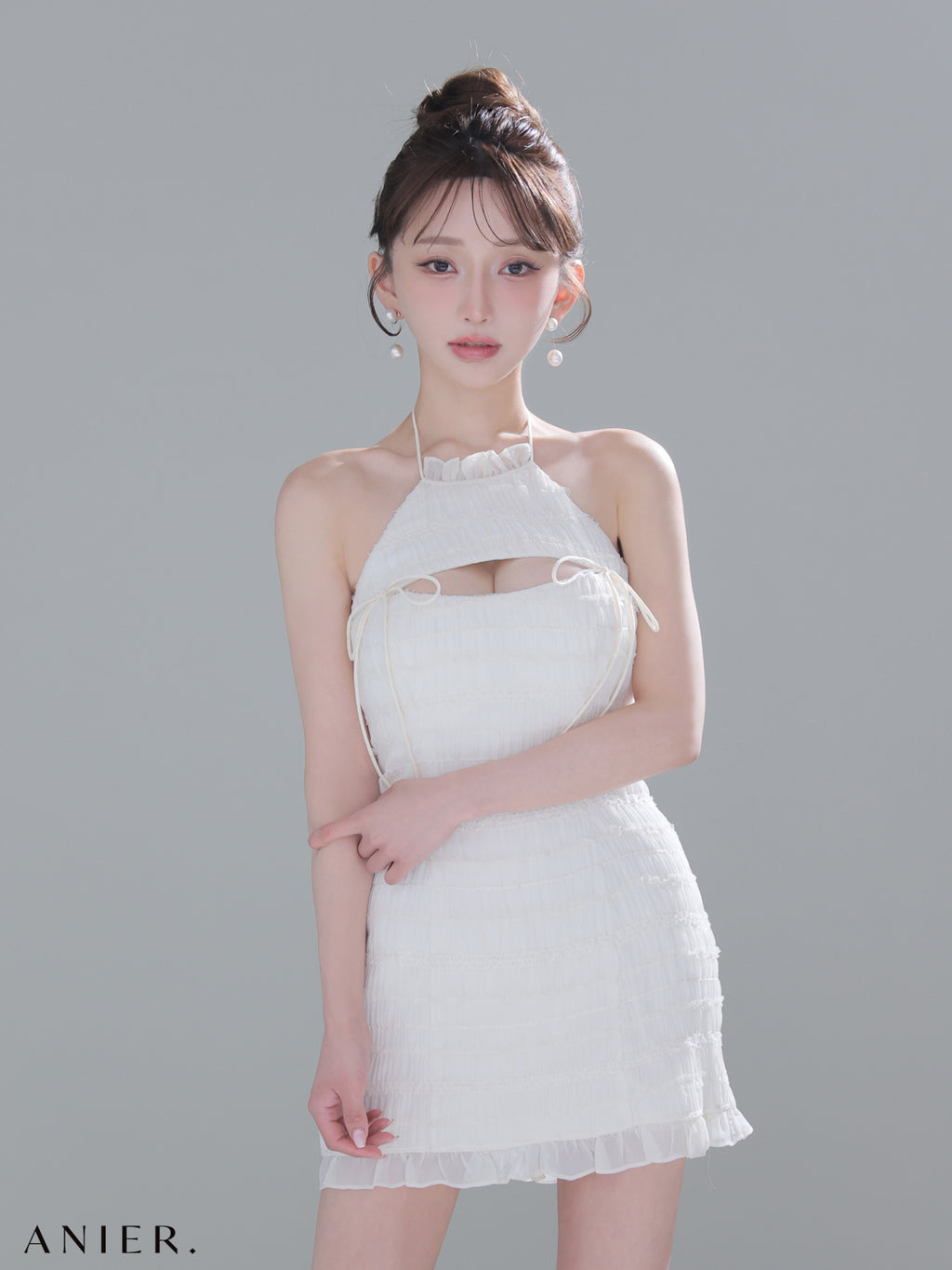 ★予約商品★【7月中旬頃入荷予定】【XSサイズあり】Chiffon amesuri bust cutout tight mini dress (anier4061)