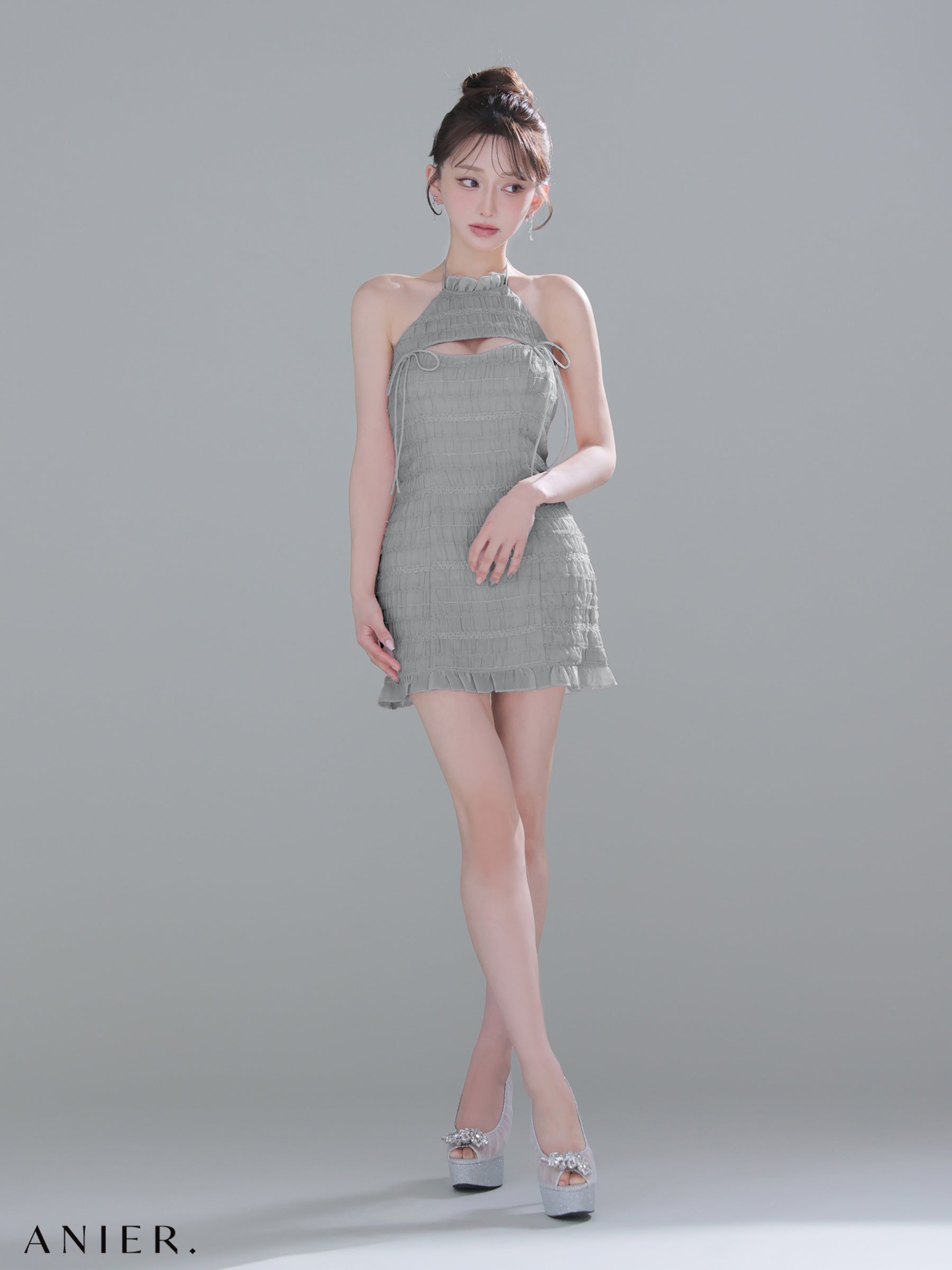 ★予約商品★【7月中旬頃入荷予定】【XSサイズあり】Chiffon amesuri bust cutout tight mini dress (anier4061)
