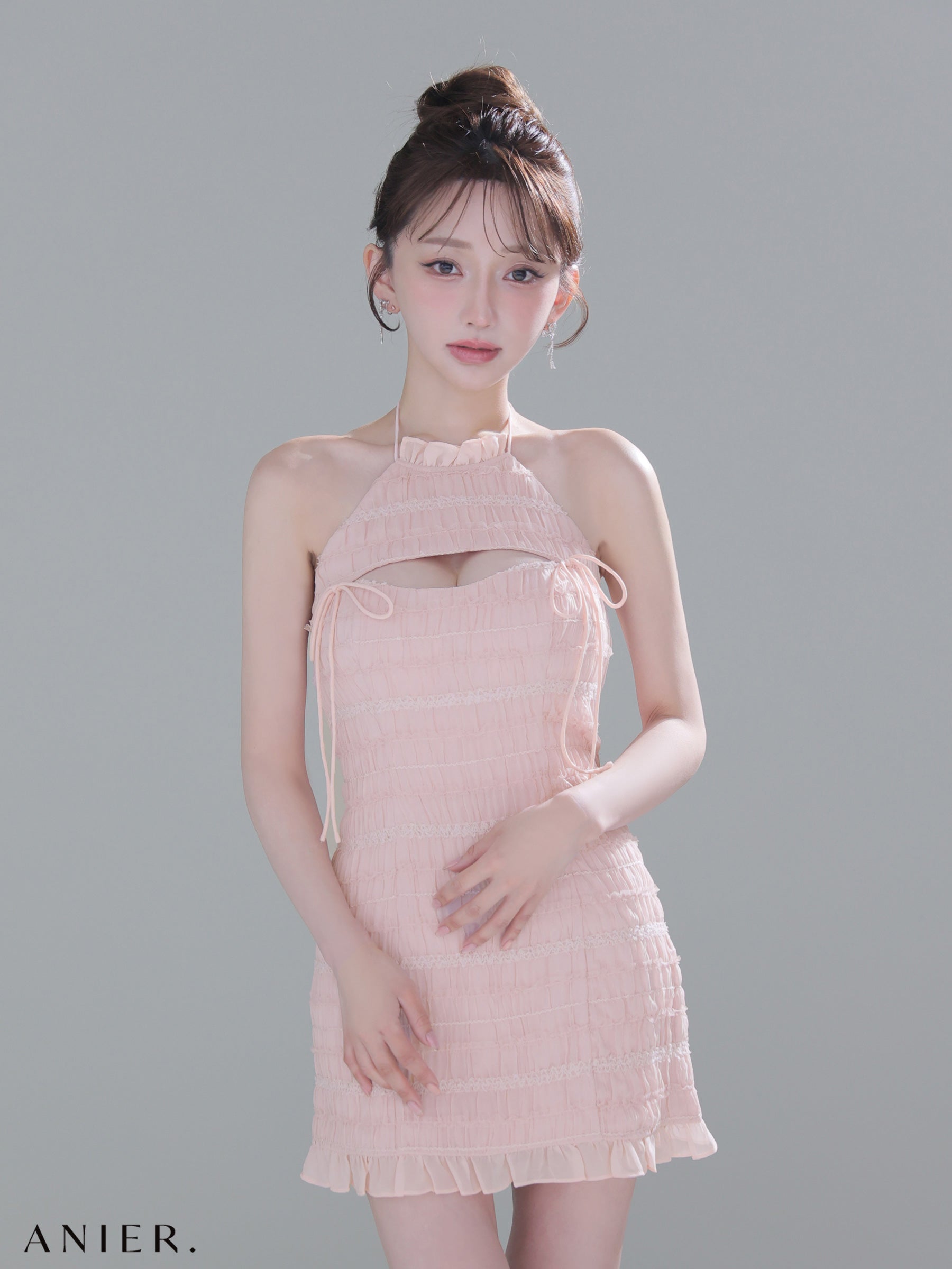 ★予約商品★【7月中旬頃入荷予定】【XSサイズあり】Chiffon amesuri bust cutout tight mini dress (anier4061)