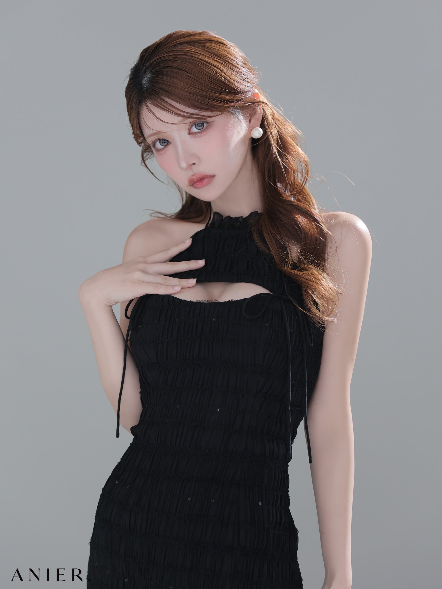 ★予約商品★【7月中旬頃入荷予定】【XSサイズあり】Chiffon amesuri bust cutout tight mini dress (anier4061)