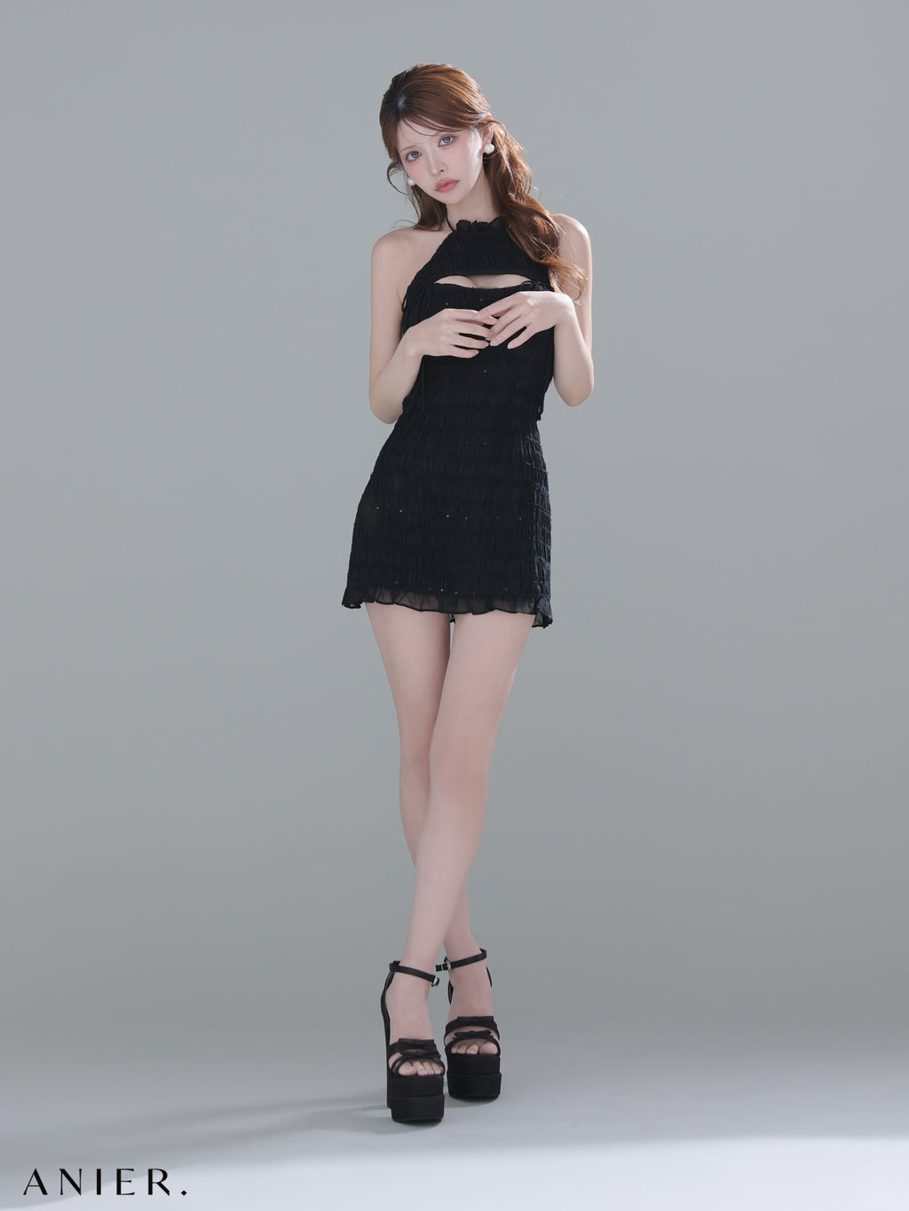 ★予約商品★【7月中旬頃入荷予定】【XSサイズあり】Chiffon amesuri bust cutout tight mini dress (anier4061)