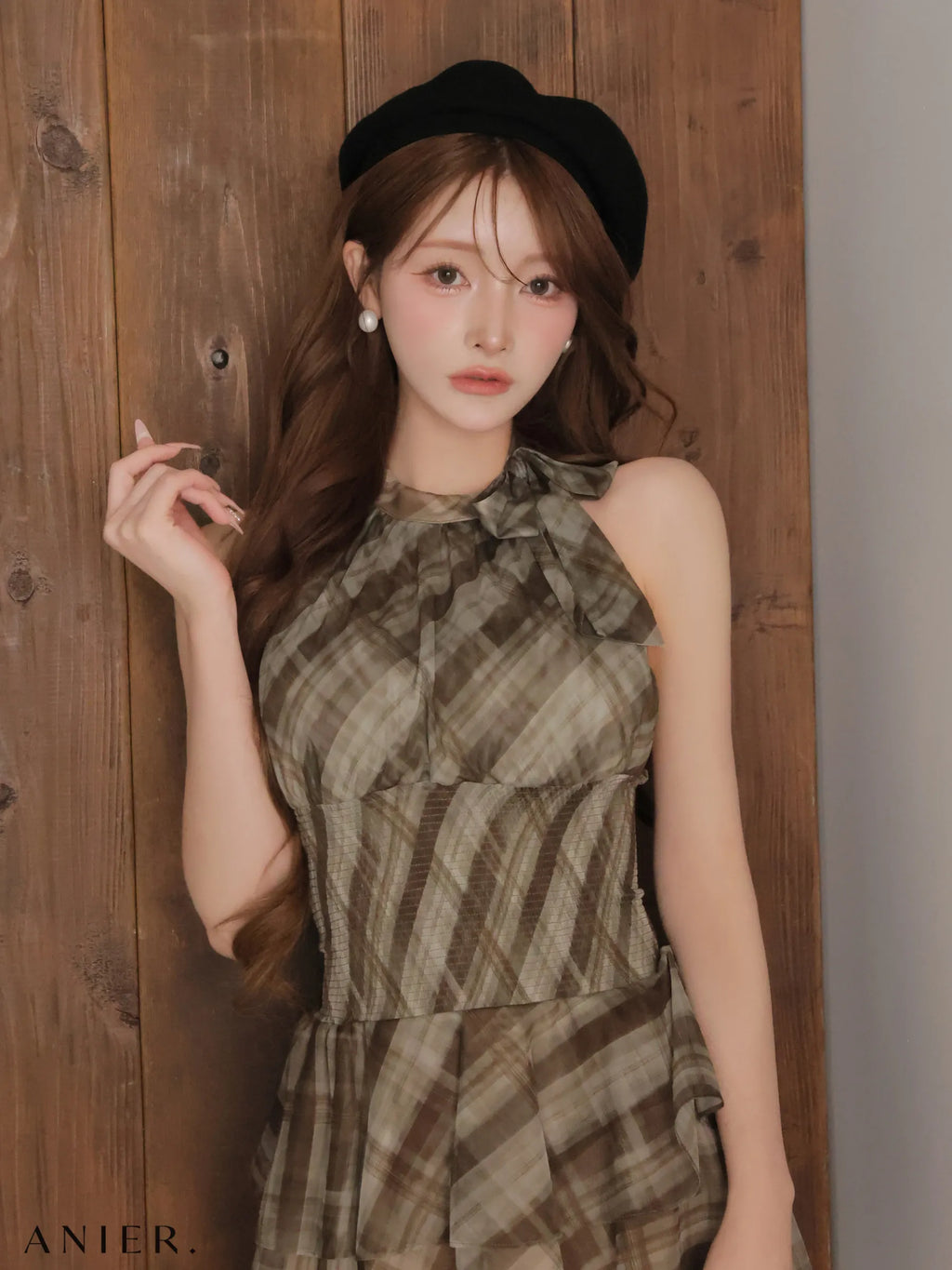 Sheer check tiered mini dress（anier4064）