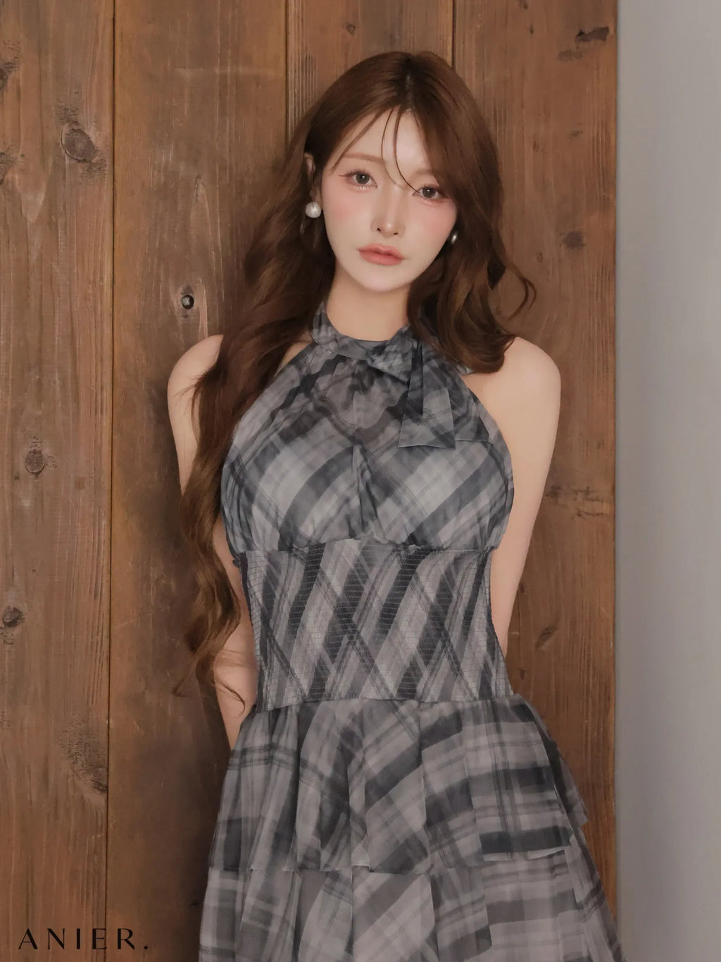 Sheer check tiered mini dress（anier4064）