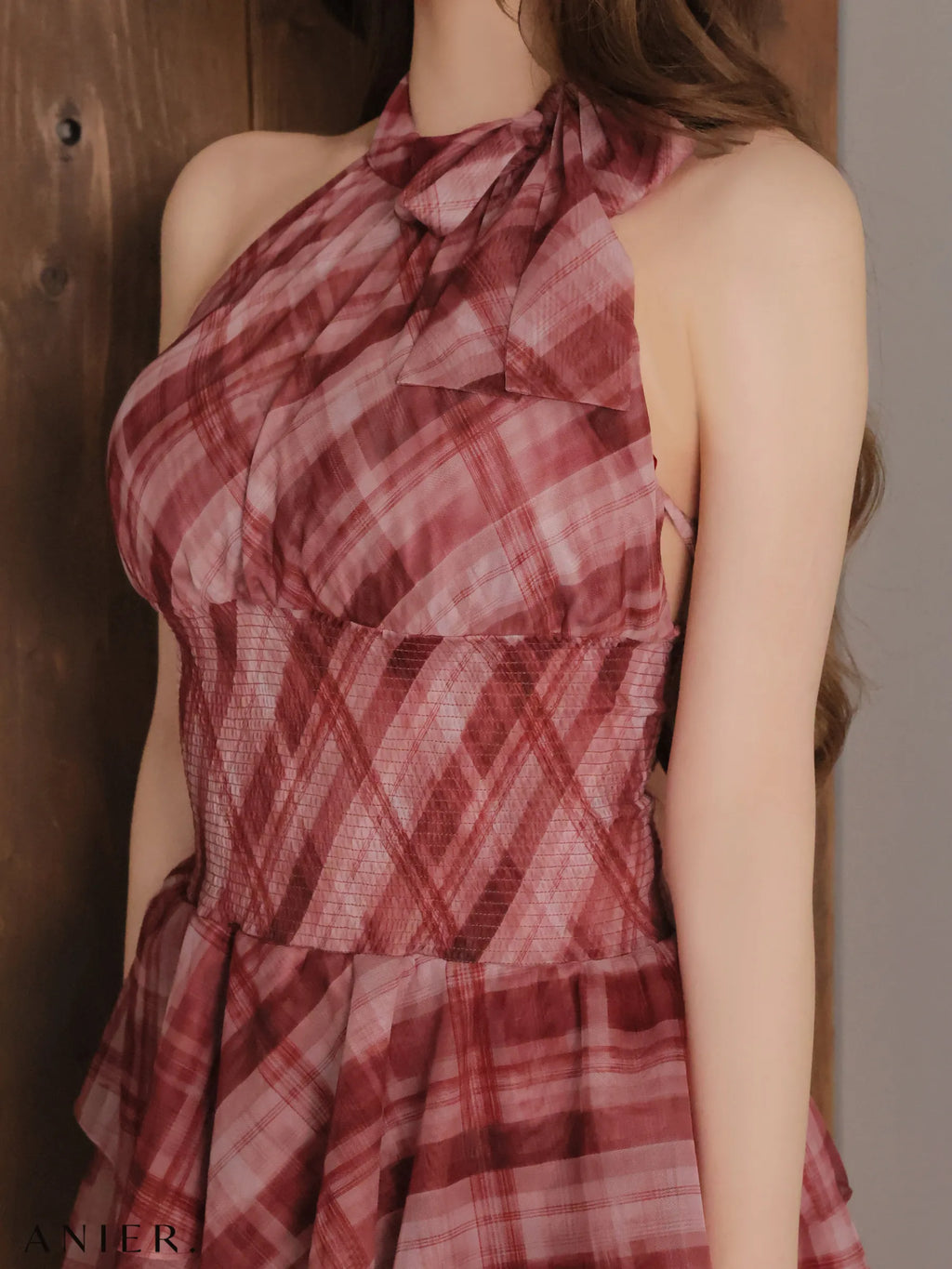 Sheer check tiered mini dress（anier4064）