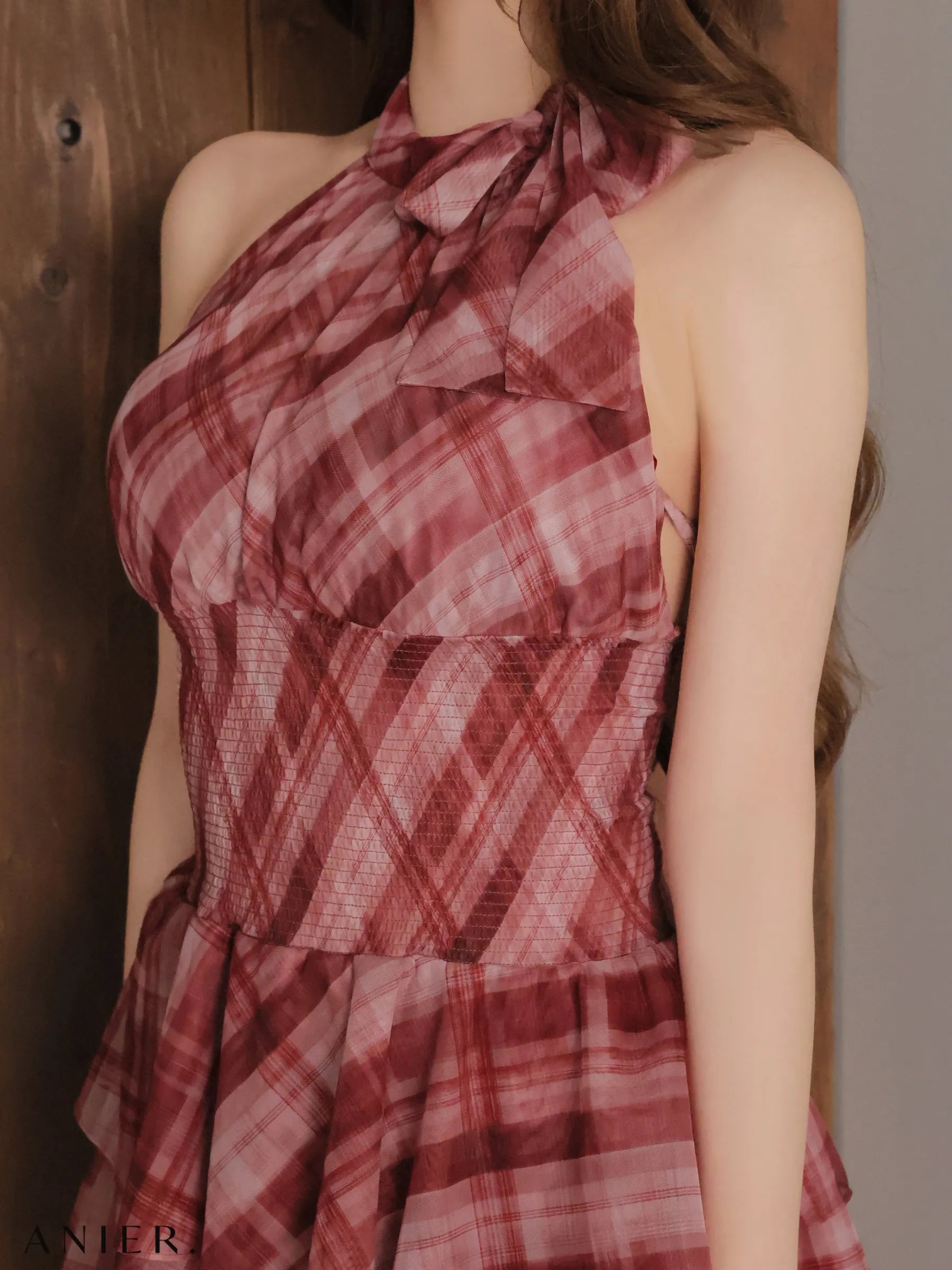 Sheer check tiered mini dress（anier4064）