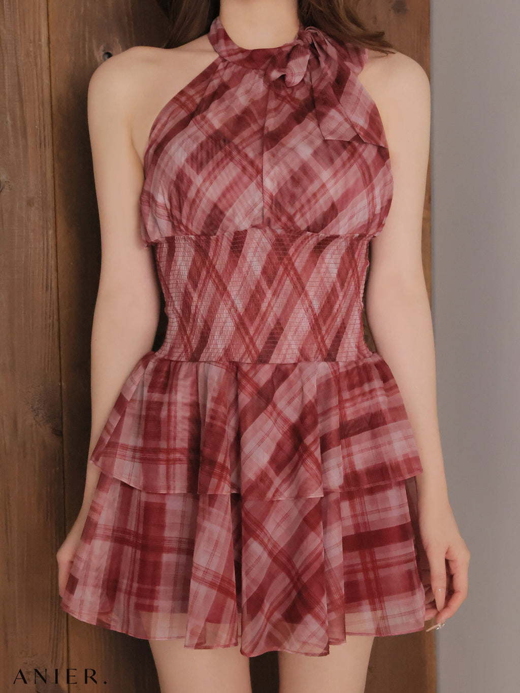 ★予約商品★【8月上旬頃入荷予定】【XSサイズあり】 Sheer check tiered mini dress（anier4064）