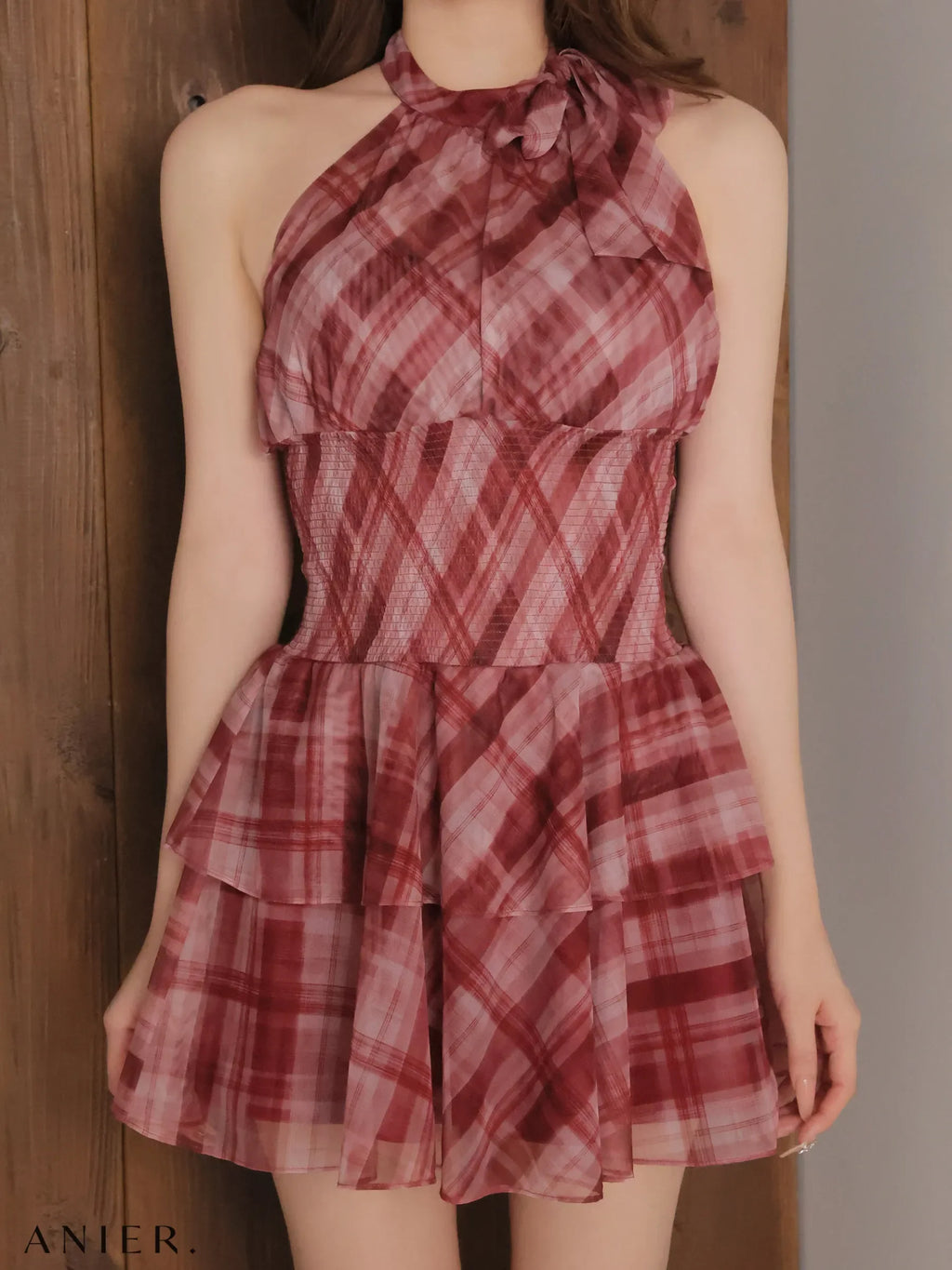 Sheer check tiered mini dress（anier4064）