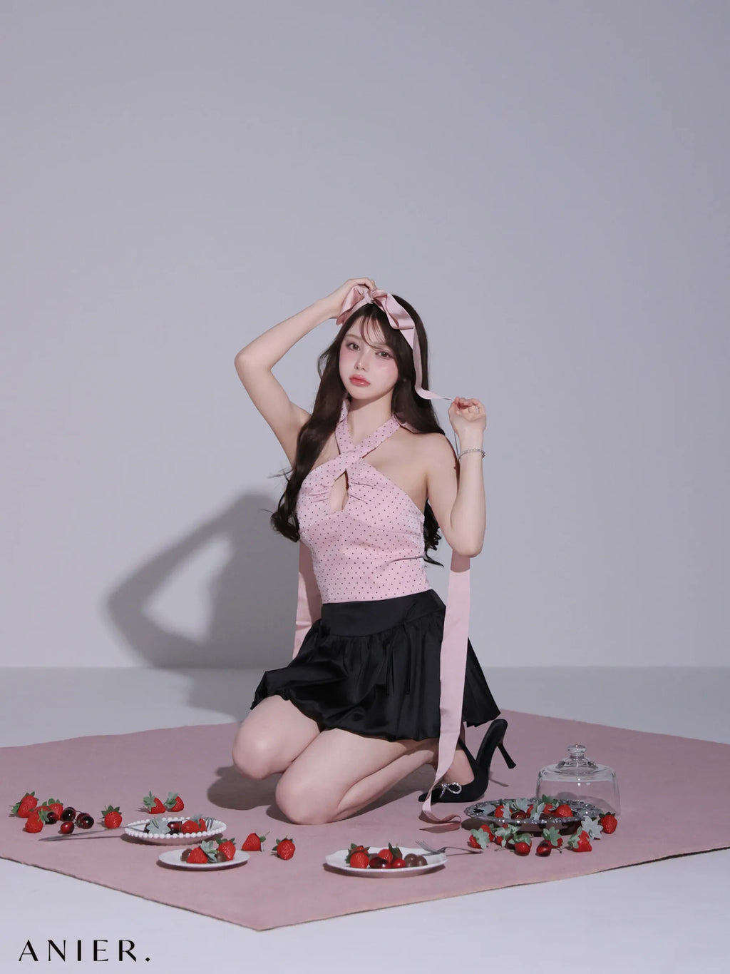 Dot organdy×balloon skirt two-piece mini dress (anier4065)