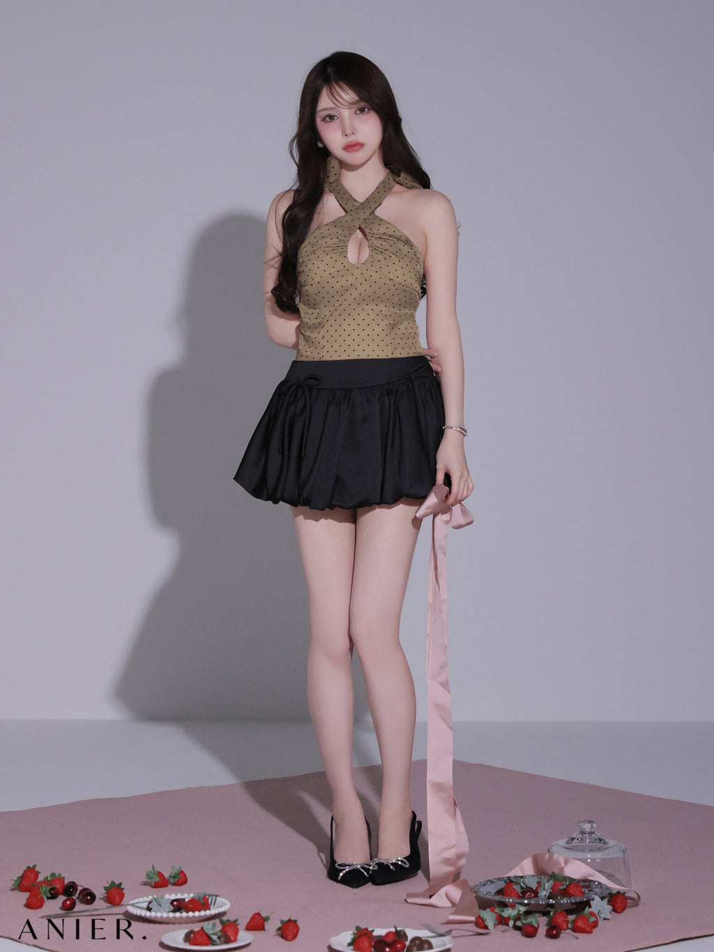 ★一部予約商品★【8月上旬頃入荷予定】【XSサイズあり】 Dot organdy×balloon skirt two-piece mini dress (anier4065)