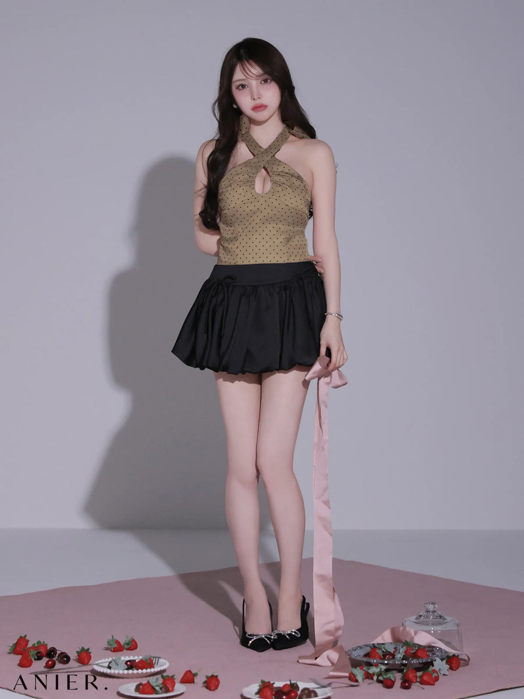 Dot organdy×balloon skirt two-piece mini dress (anier4065)