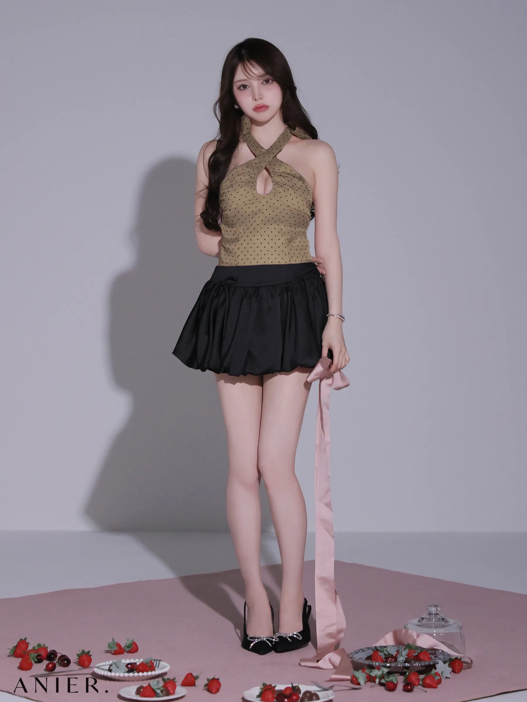 【予約】Dot organdy×balloon skirt two-piece mini dress (anier4065)