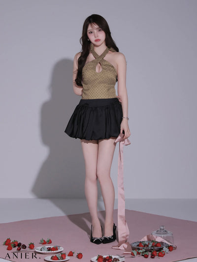 Dot organdy×balloon skirt two-piece mini dress (anier4065)