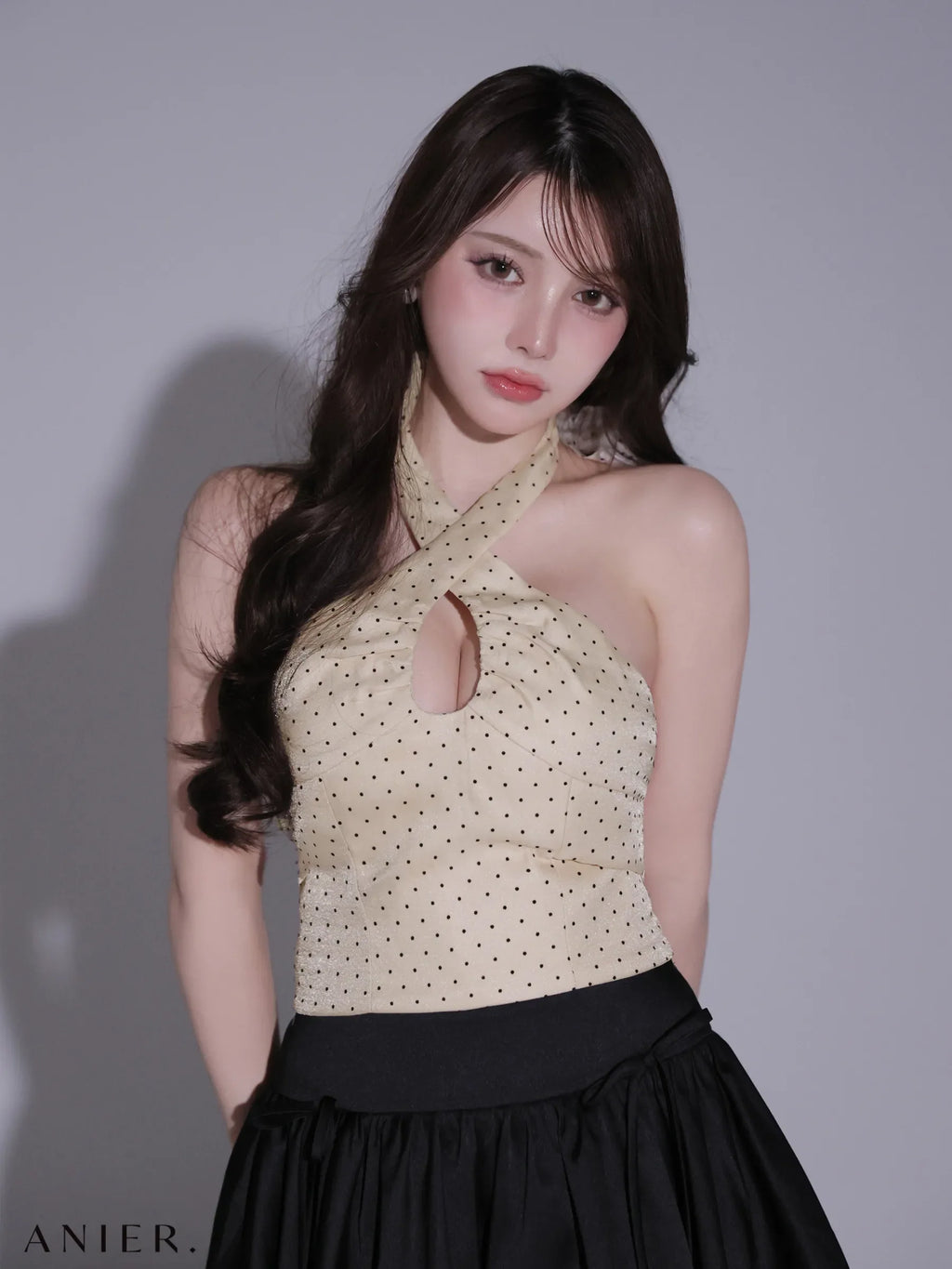Dot organdy×balloon skirt two-piece mini dress (anier4065)