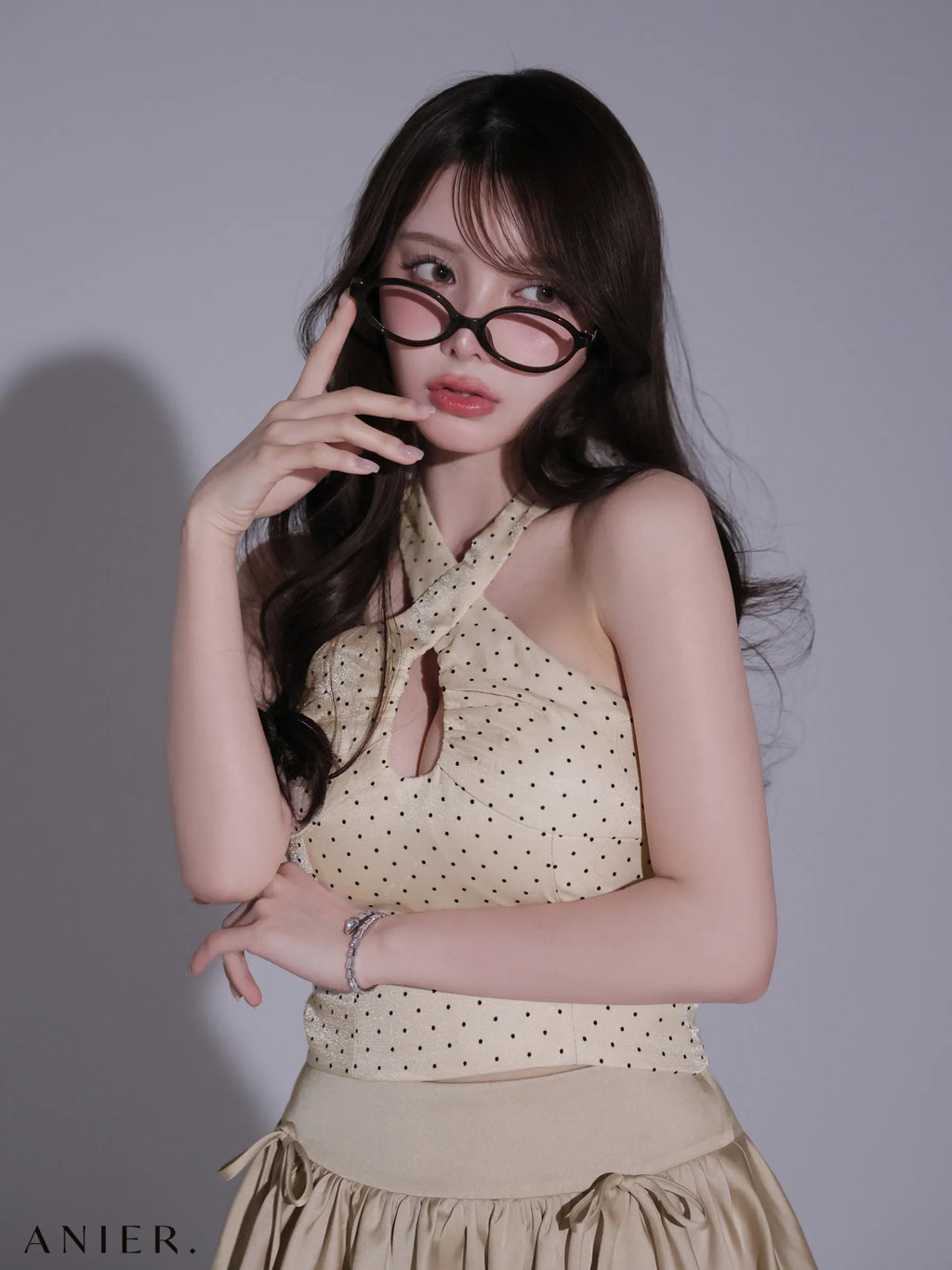 Dot organdy×balloon skirt two-piece mini dress (anier4065)