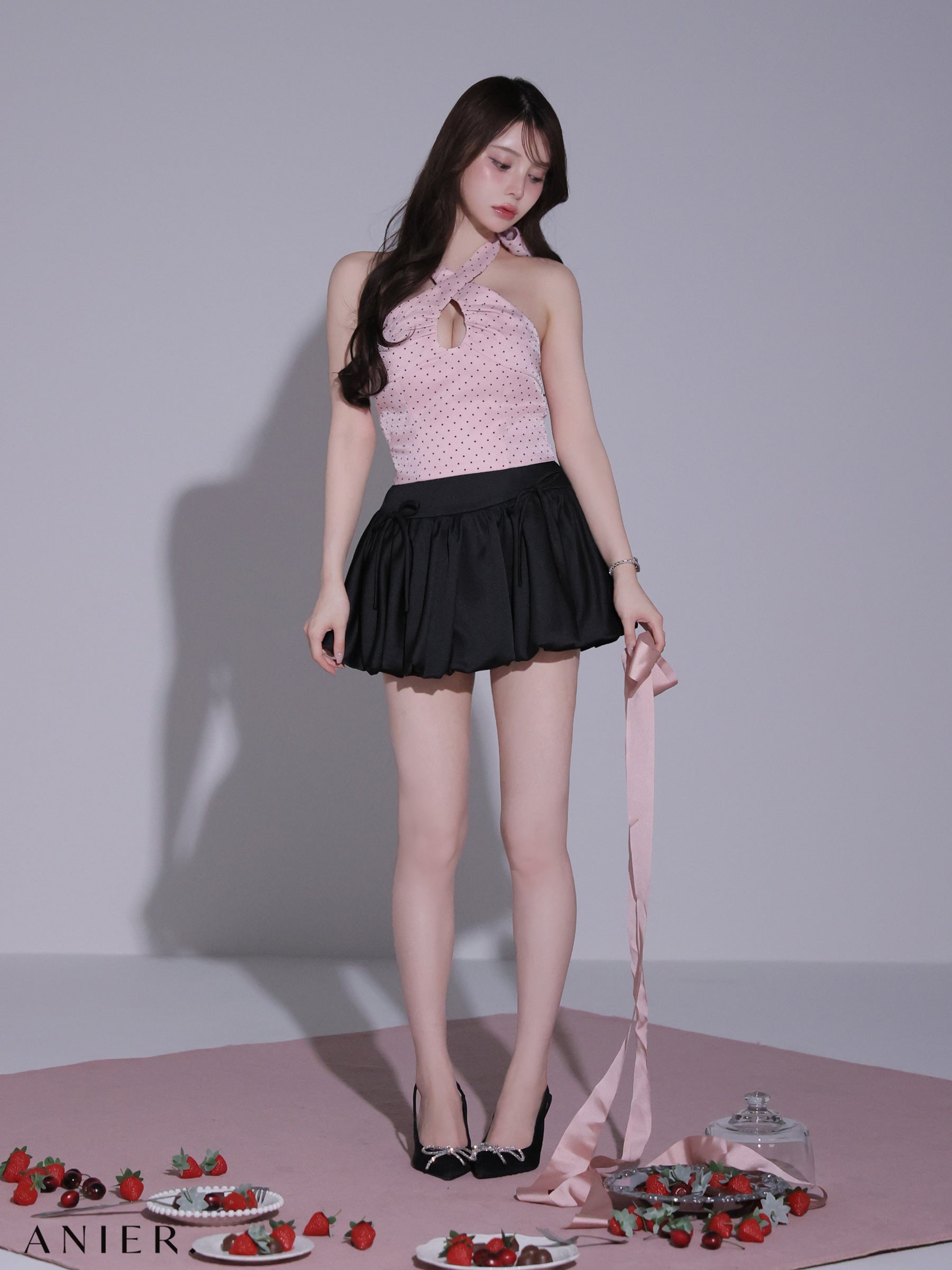 ★一部予約商品★【8月上旬頃入荷予定】【XSサイズあり】 Dot organdy×balloon skirt two-piece mini dress (anier4065)