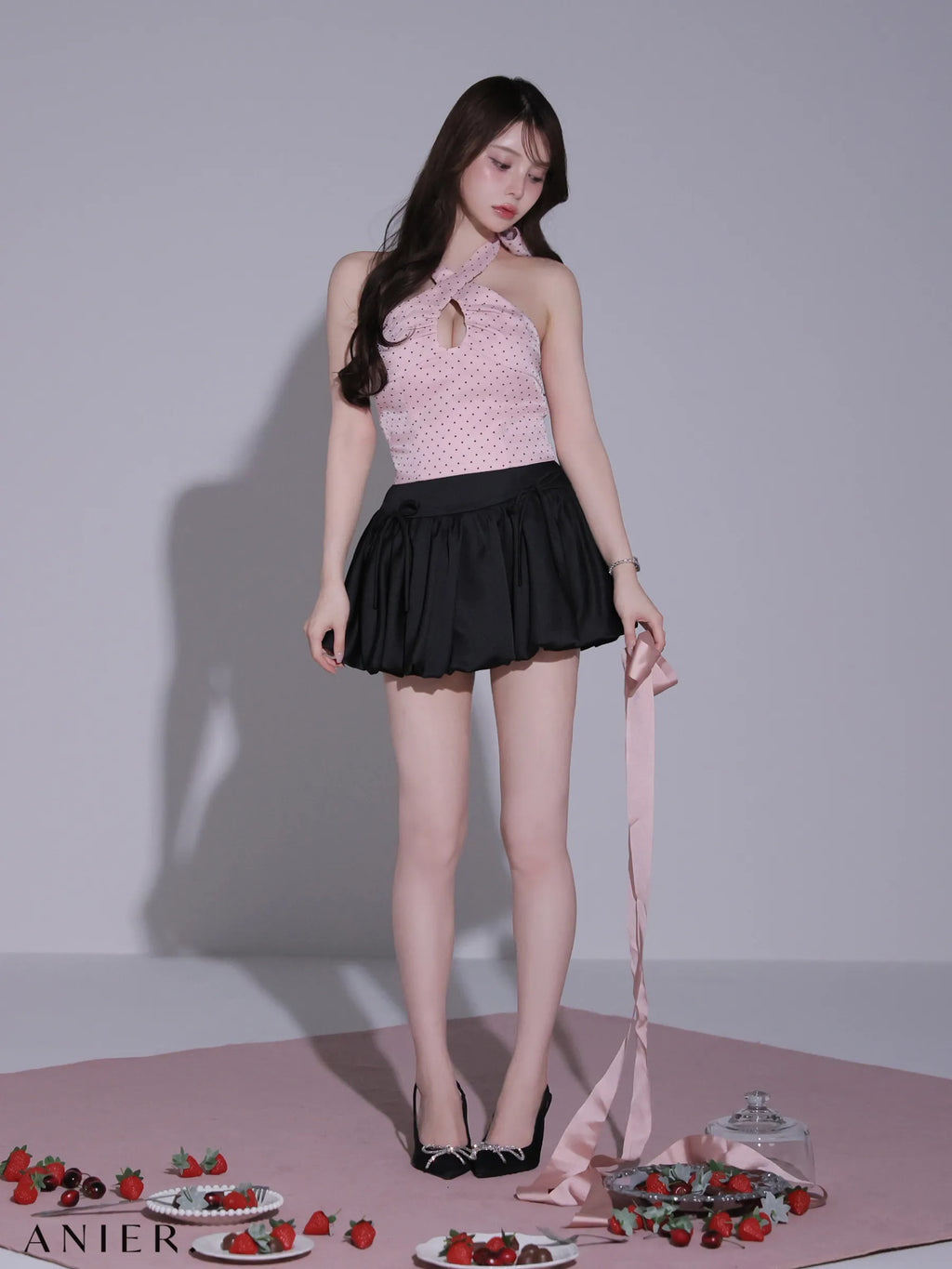 Dot organdy×balloon skirt two-piece mini dress (anier4065)