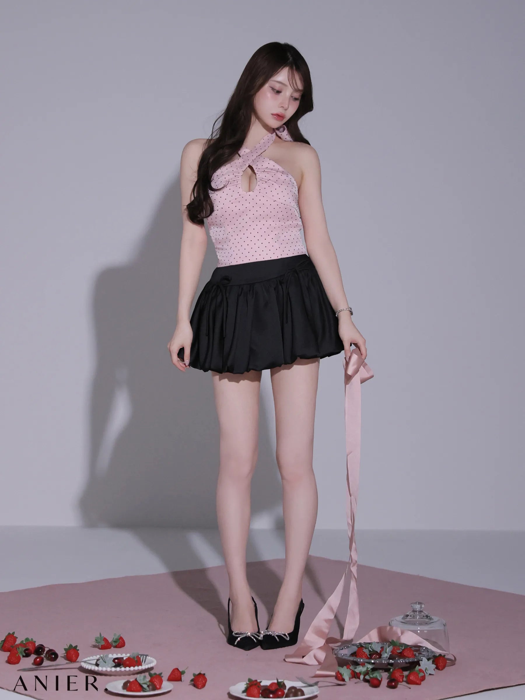 【予約】Dot organdy×balloon skirt two-piece mini dress (anier4065)