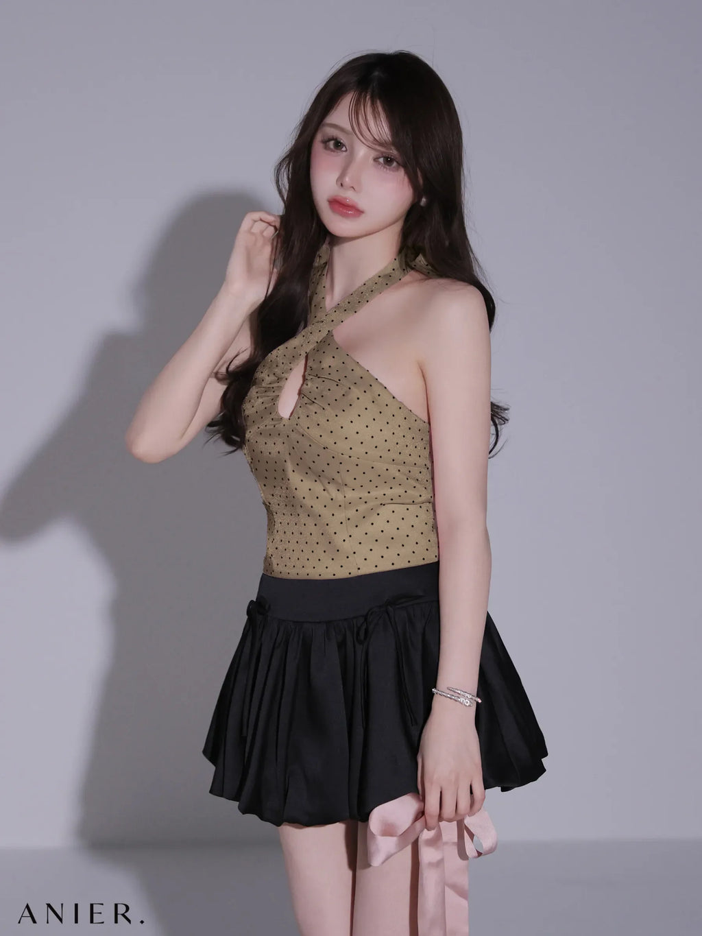 Dot organdy×balloon skirt two-piece mini dress (anier4065)