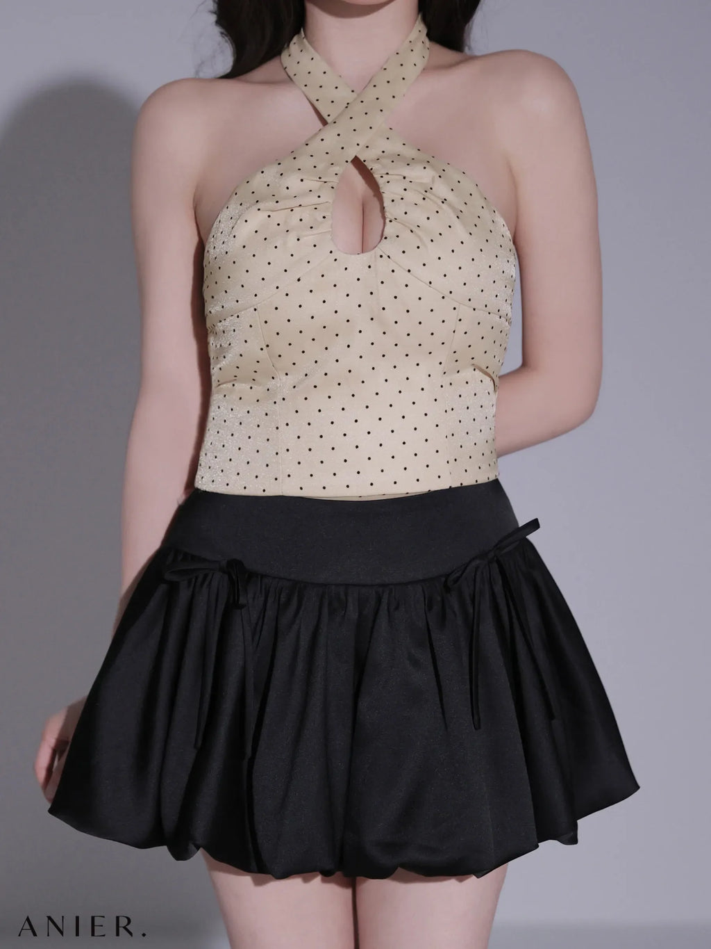 Dot organdy×balloon skirt two-piece mini dress (anier4065)