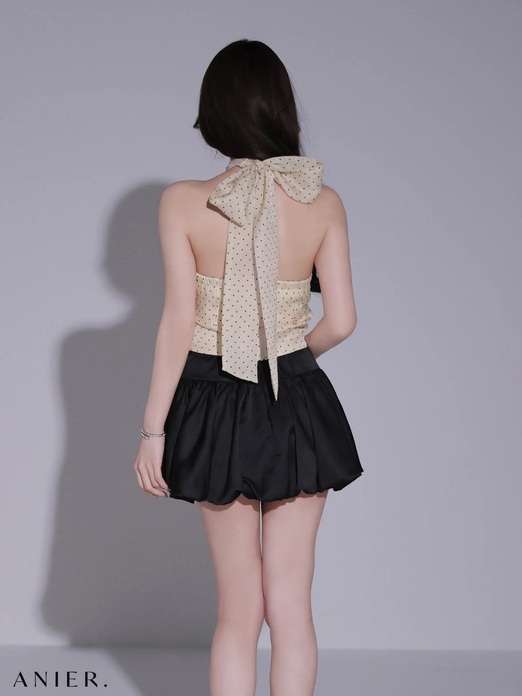 Dot organdy×balloon skirt two-piece mini dress (anier4065)