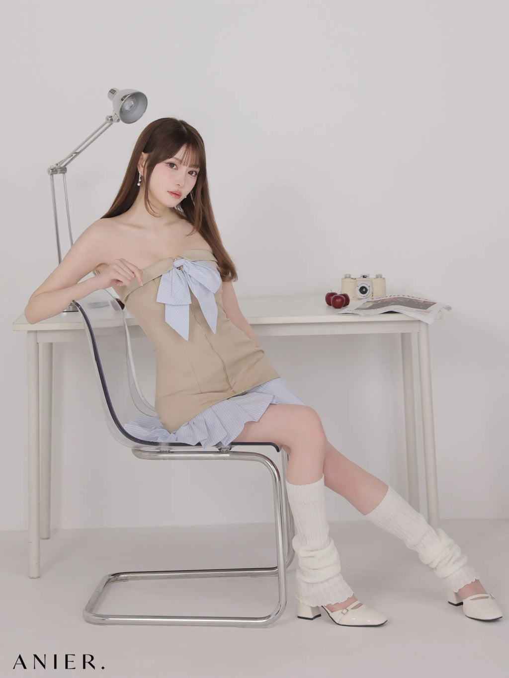 springstripe ribbon bare mini dress（anier4067）