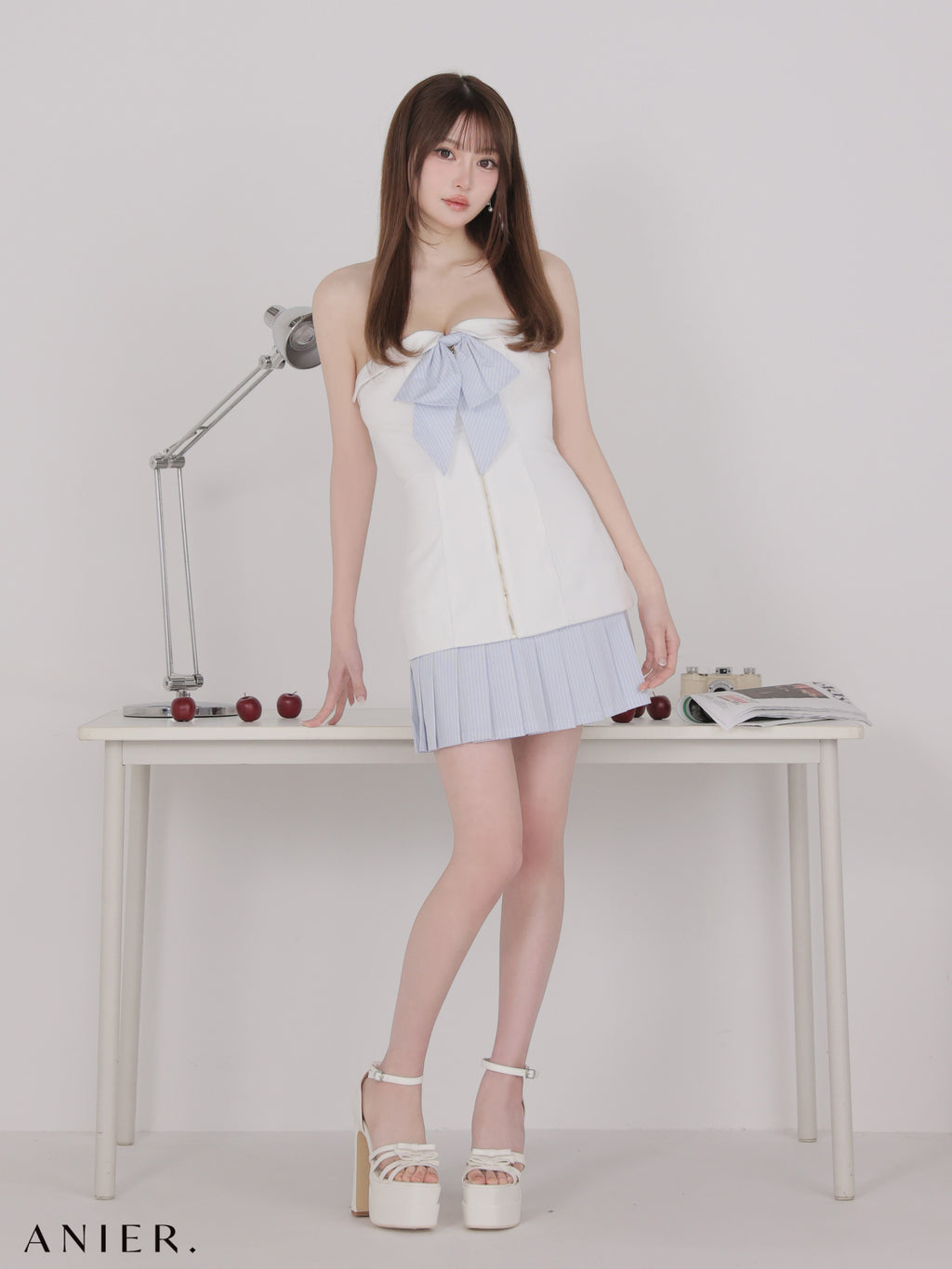 【XSサイズあり】 springstripe ribbon bare mini dress（anier4067）