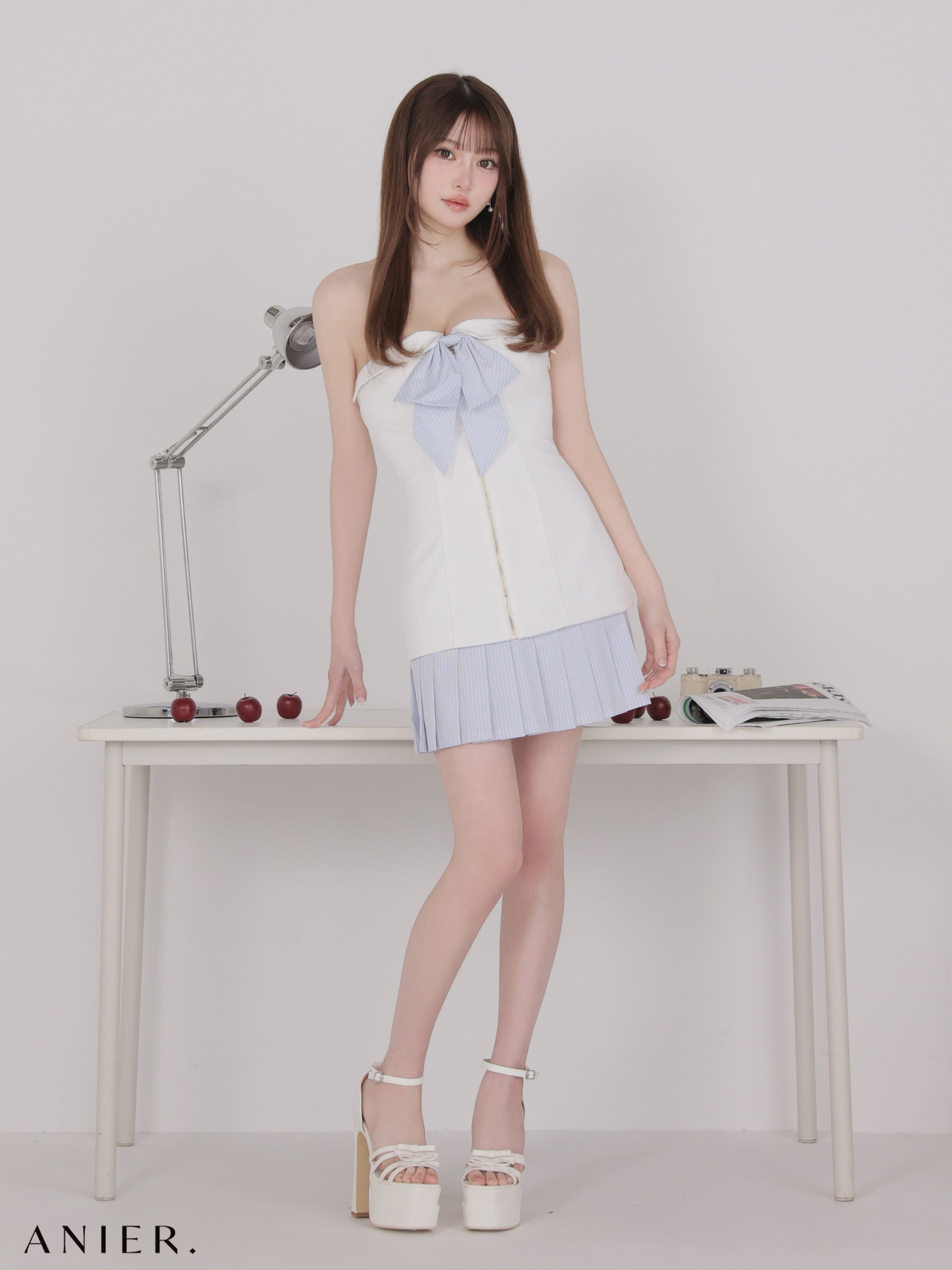 【XSサイズあり】 springstripe ribbon bare mini dress（anier4067）