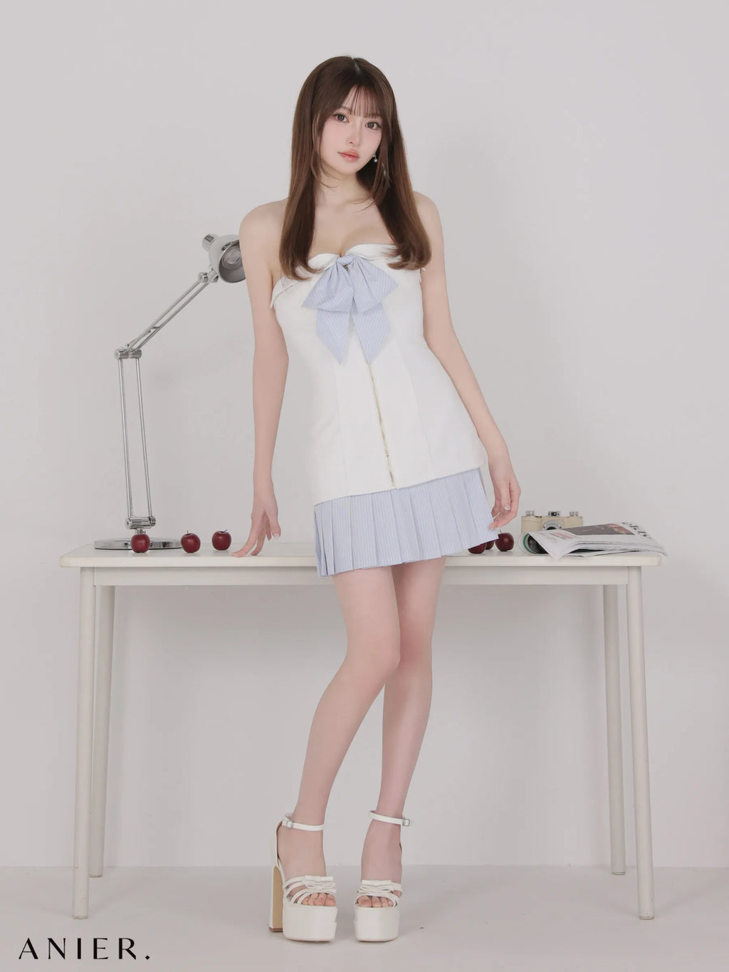 springstripe ribbon bare mini dress（anier4067）