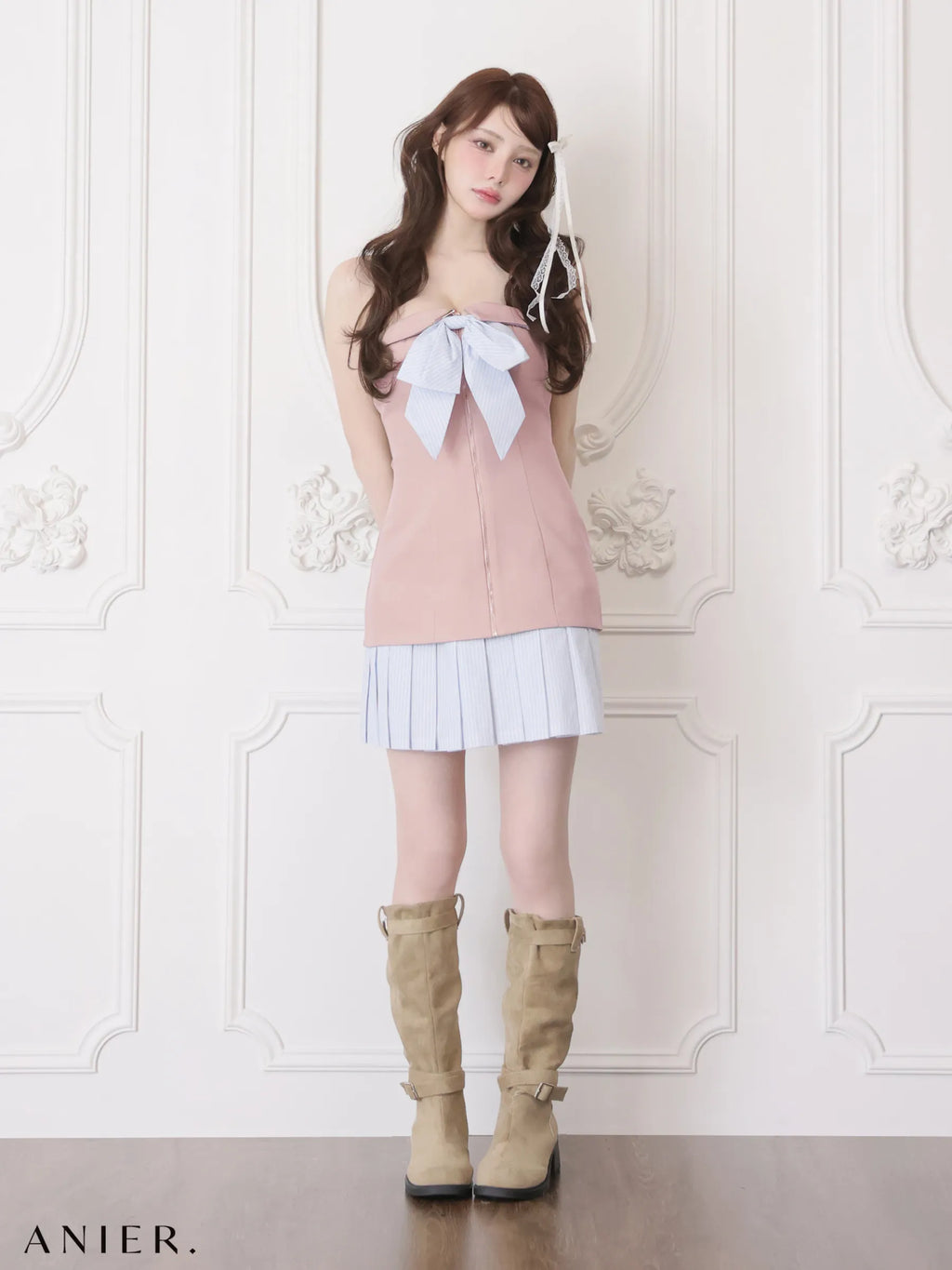 springstripe ribbon bare mini dress（anier4067）