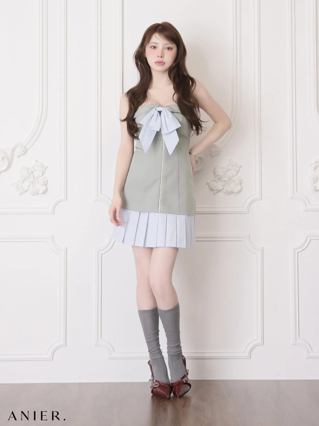 springstripe ribbon bare mini dress（anier4067）
