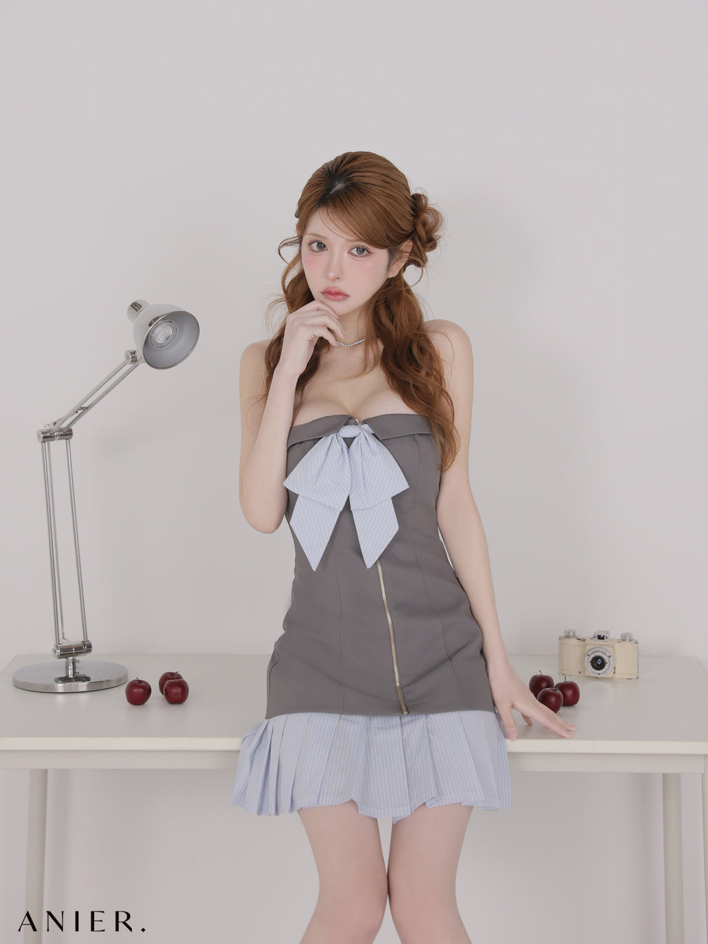 【XSサイズあり】 springstripe ribbon bare mini dress（anier4067）