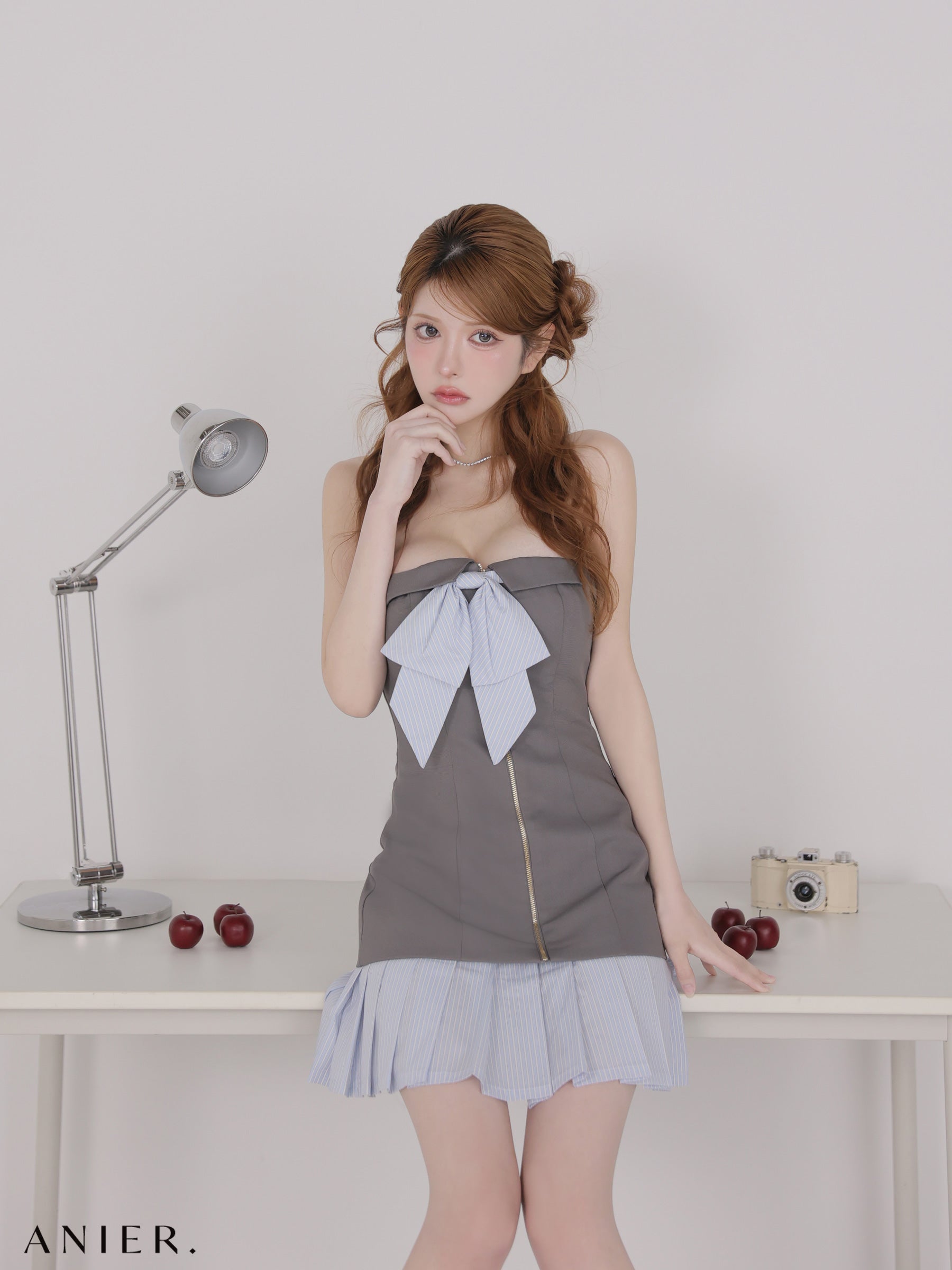 【XSサイズあり】 springstripe ribbon bare mini dress（anier4067）