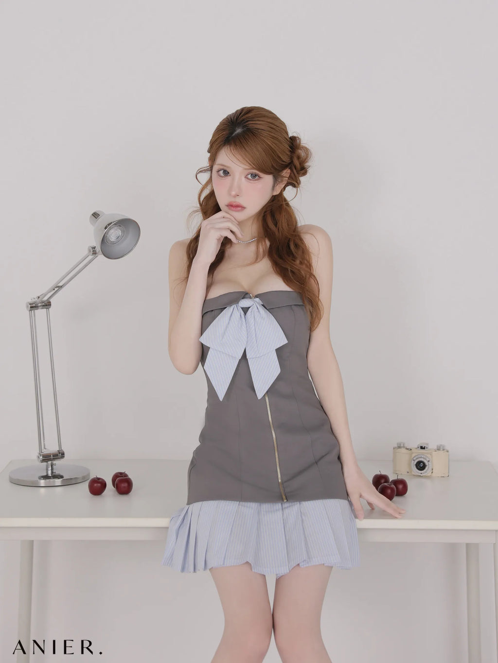 springstripe ribbon bare mini dress（anier4067）