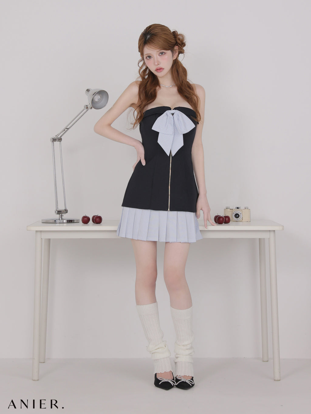 【XSサイズあり】 springstripe ribbon bare mini dress（anier4067）