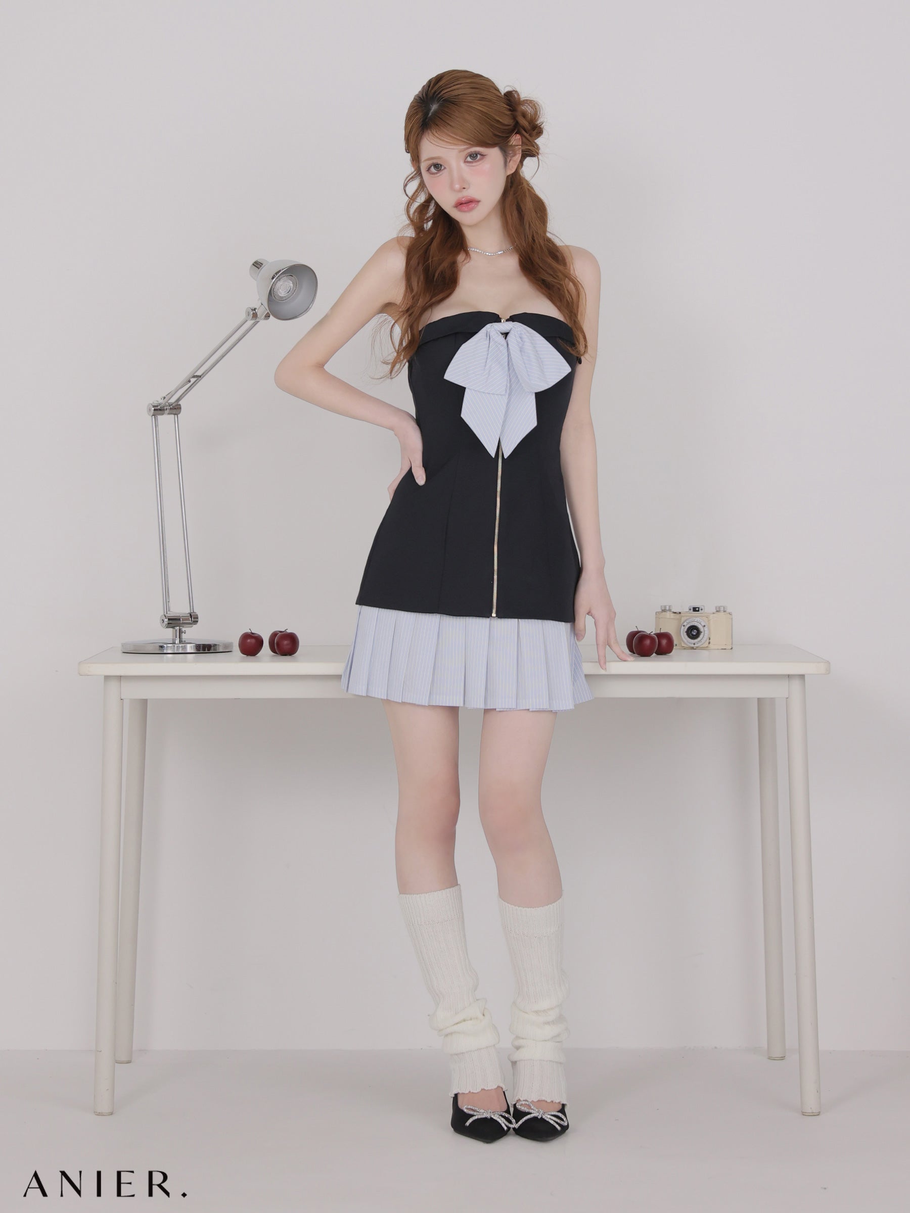 【XSサイズあり】 springstripe ribbon bare mini dress（anier4067）